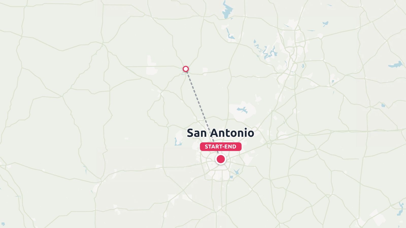 A travel route map showing a dashed line connecting San Antonio, marked as start and end, to a point northwest.