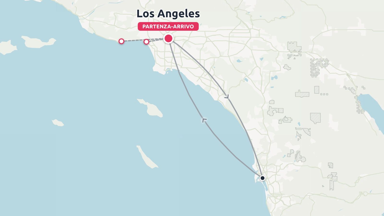 Mappa dell'itinerario di viaggio che mostra i punti di partenza e arrivo a Los Angeles con un anello lungo la costa della California meridionale