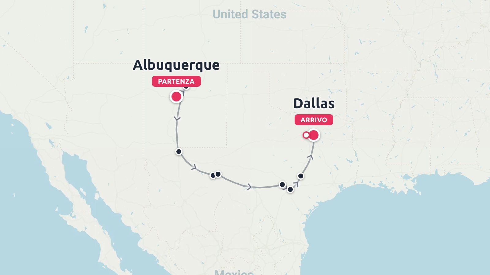 Una mappa del percorso di viaggio che mostra un itinerario negli Stati Uniti con partenza da Albuquerque e arrivo a Dallas