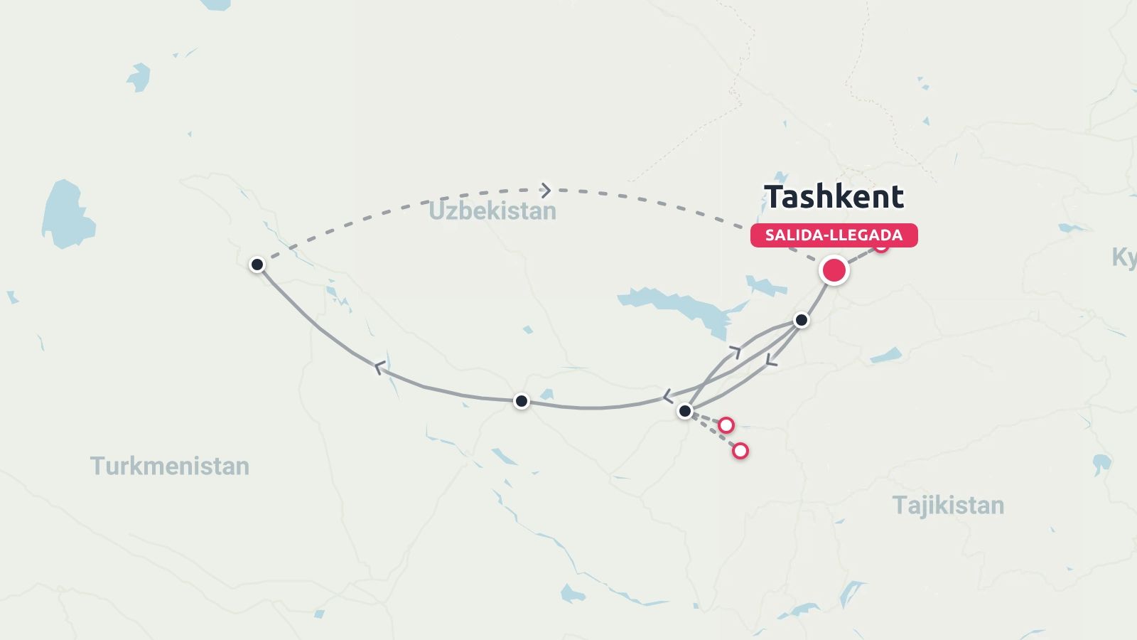Una ruta de viaje por Uzbekistán que empieza y termina en Taskent con múltiples paradas intermedias