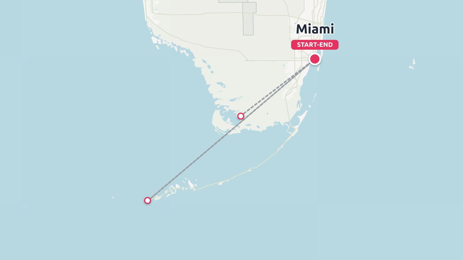 A travel map of southern Florida showing a route starting and ending in Miami and extending to the Florida Keys.