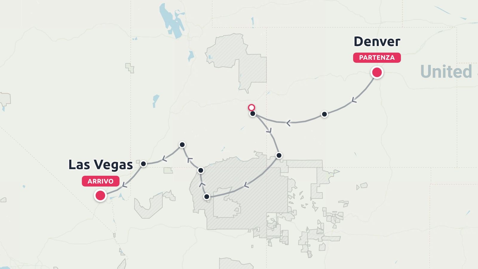 Mappa dell'itinerario di viaggio con percorso a più tappe che inizia a Denver e termina a Las Vegas