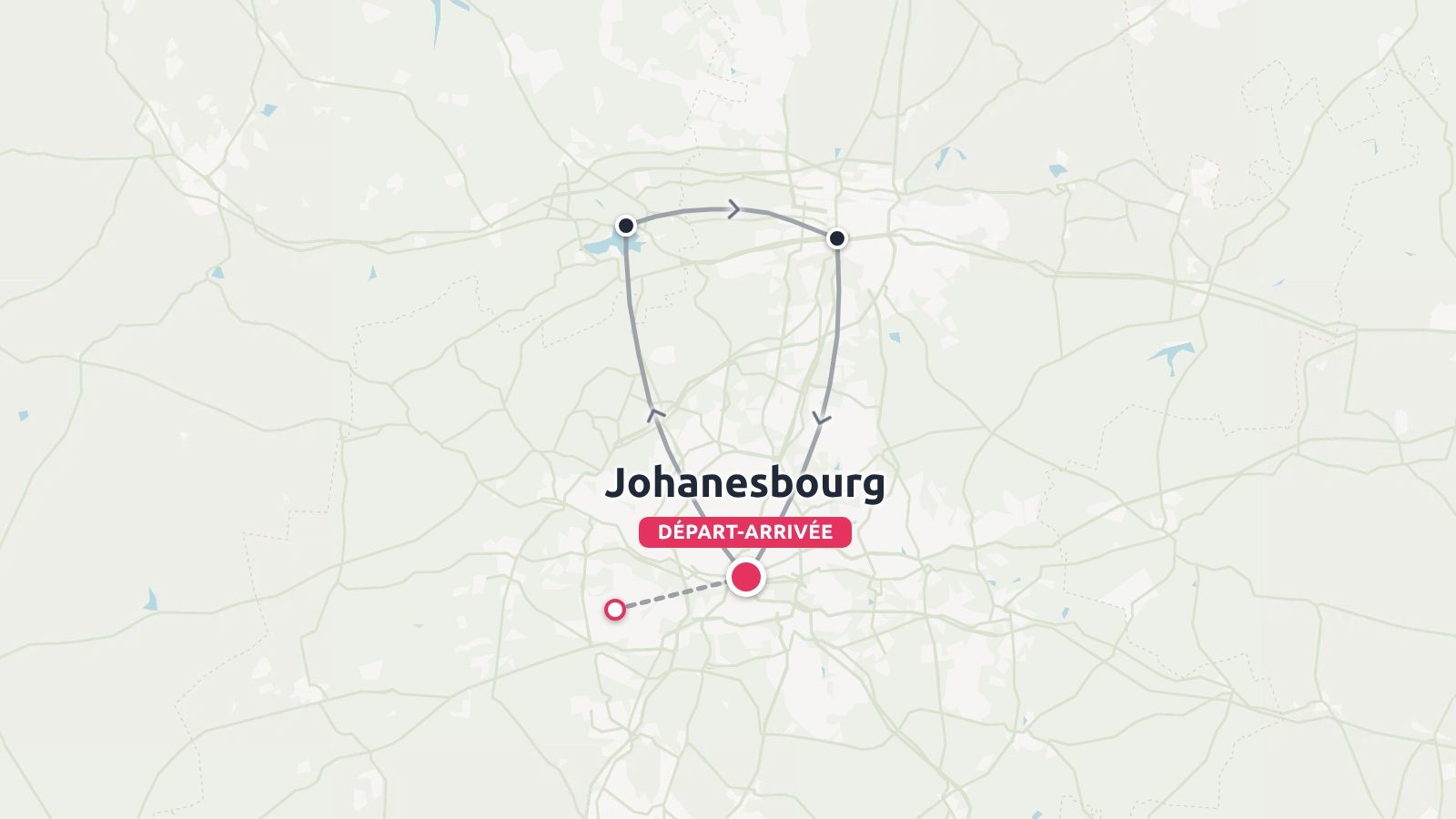Une carte d'itinéraire de voyage montrant une boucle avec des points de départ et d'arrivée à Johannesburg.