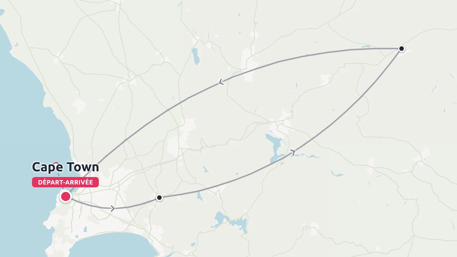 Une carte illustrant un itineraire de voyage circulaire commencant et se terminant au Cap.