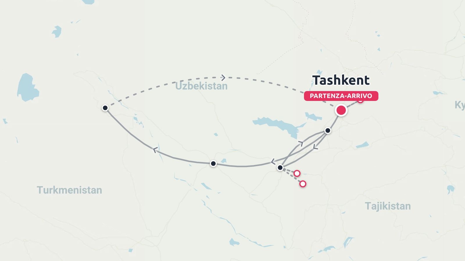 Itinerario di viaggio in Uzbekistan con partenza e arrivo a Tashkent e varie tappe segnalate
