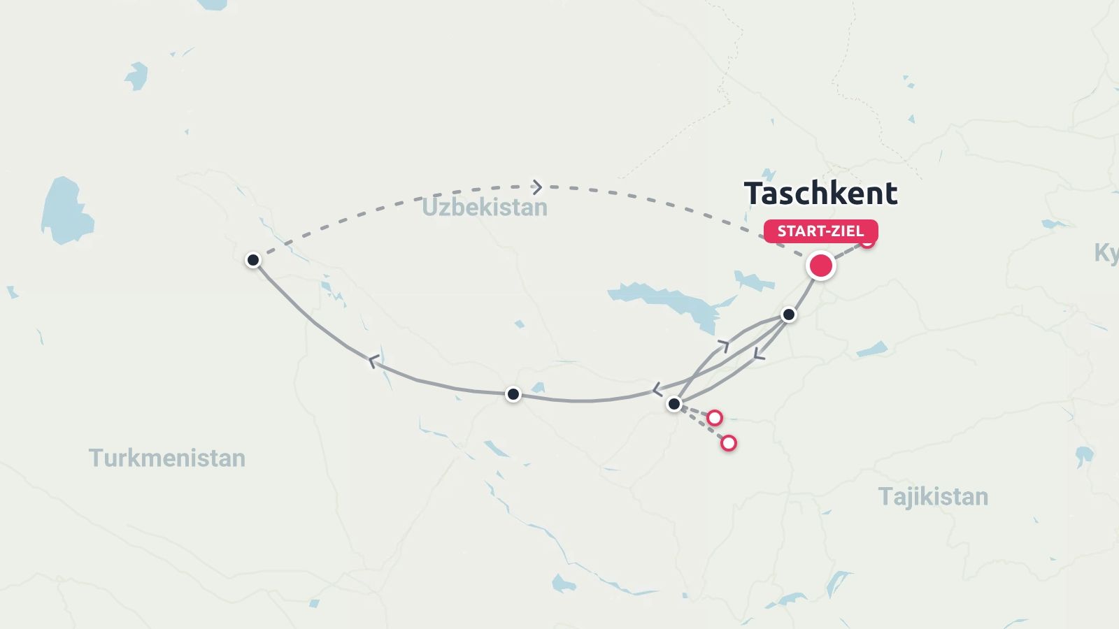 Eine Reiseroutekarte von Usbekistan, die eine Rundreise mit Start und Ziel in Taschkent zeigt.