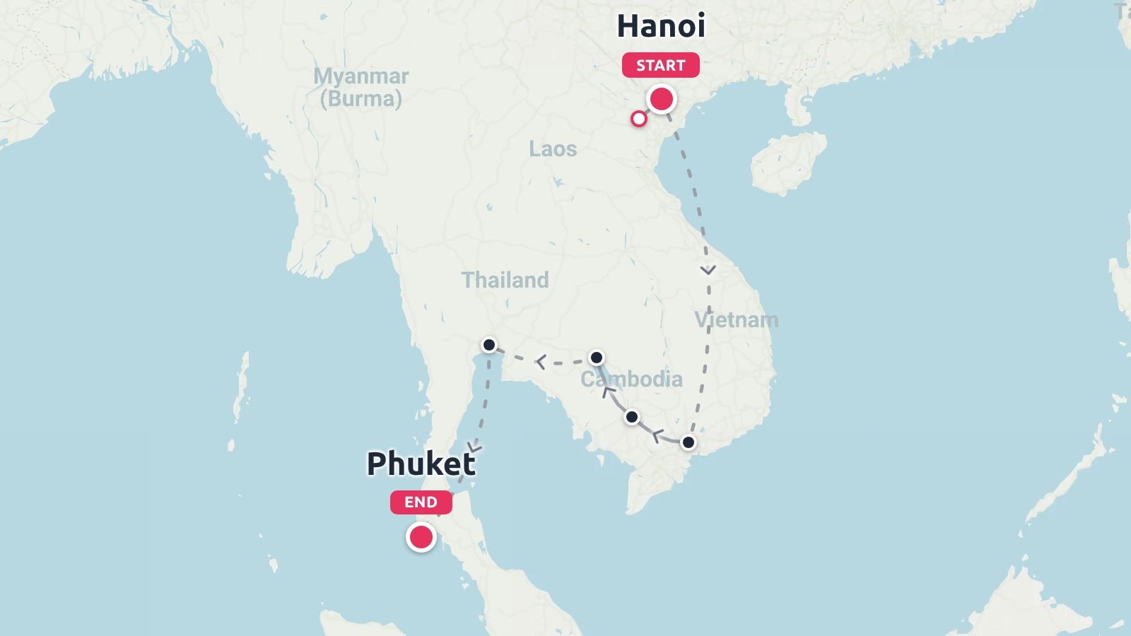 Travel route map across Southeast Asia starting in Hanoi, passing through Vietnam and Cambodia, and ending in Phuket.