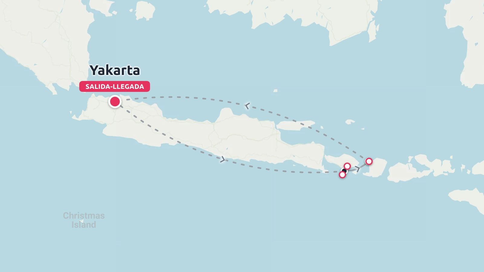 Una ruta de viaje por Indonesia que empieza y termina en Yakarta, extendiéndose por Java hasta islas cercanas