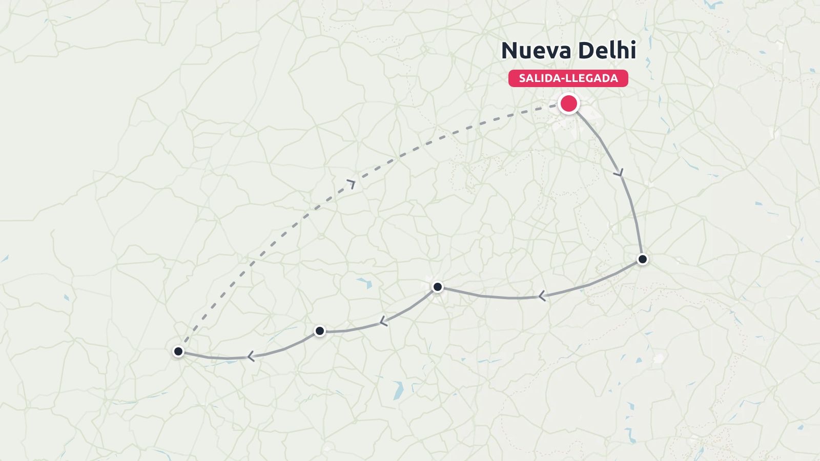Mapa de ruta de viaje que muestra un itinerario circular que comienza y termina en Nueva Delhi con múltiples paradas indicadas a lo largo del camino.