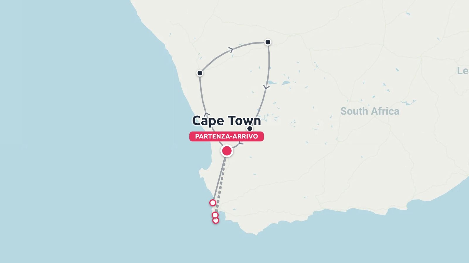 Una mappa del Sudafrica che mostra un itinerario di viaggio ad anello verso nord da Città del Capo con punti di partenza e arrivo contrassegnati