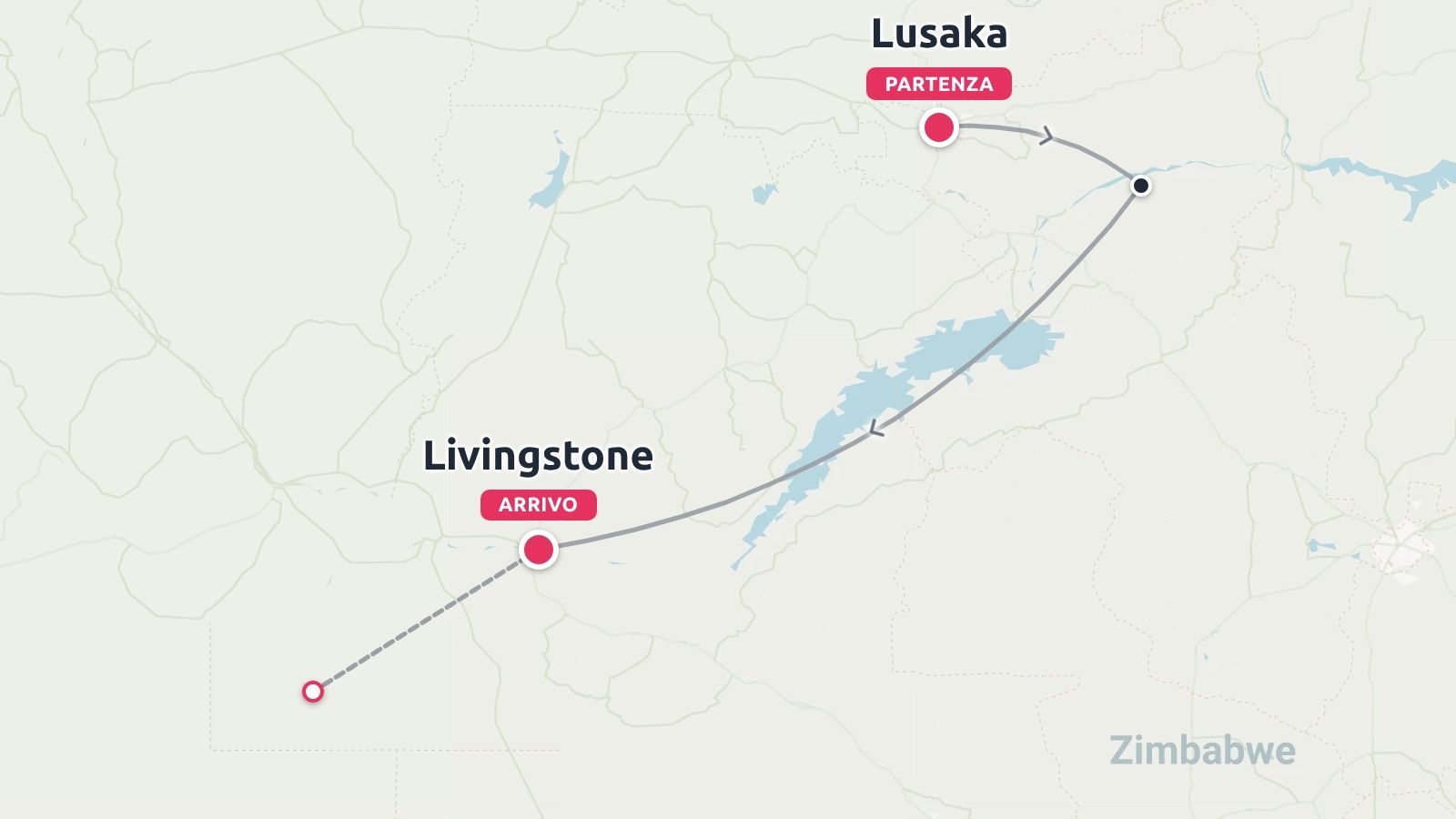 Itinerario di viaggio con partenza da Lusaka e arrivo a Livingstone vicino allo Zimbabwe