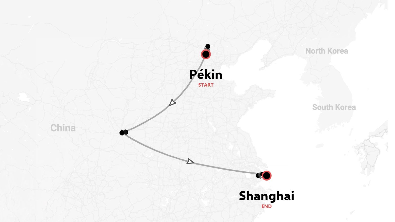 Un itinéraire de voyage à travers la Chine au départ de Pékin et à destination de Shanghai avec une étape intermédiaire.