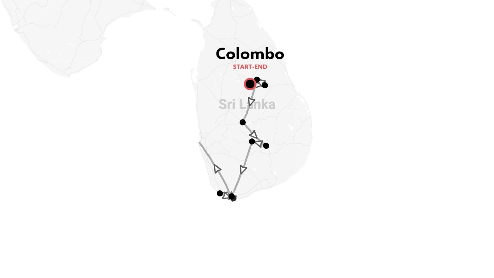 Mappa dell'itinerario di viaggio dello Sri Lanka con partenza e arrivo a Colombo e diverse tappe
