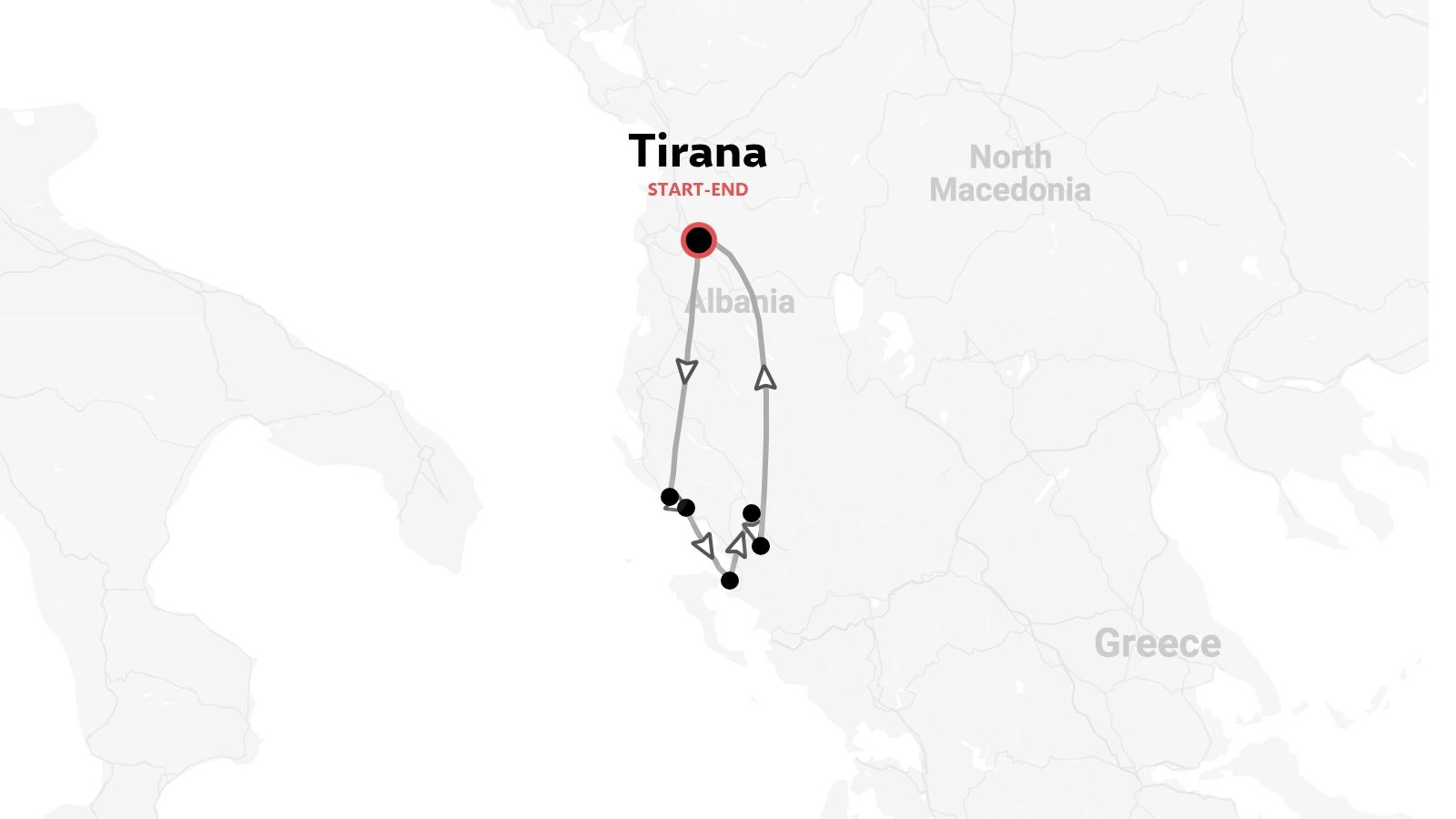 Una mappa dell'itinerario di viaggio in Albania che mostra un percorso circolare con partenza e arrivo a Tirana.