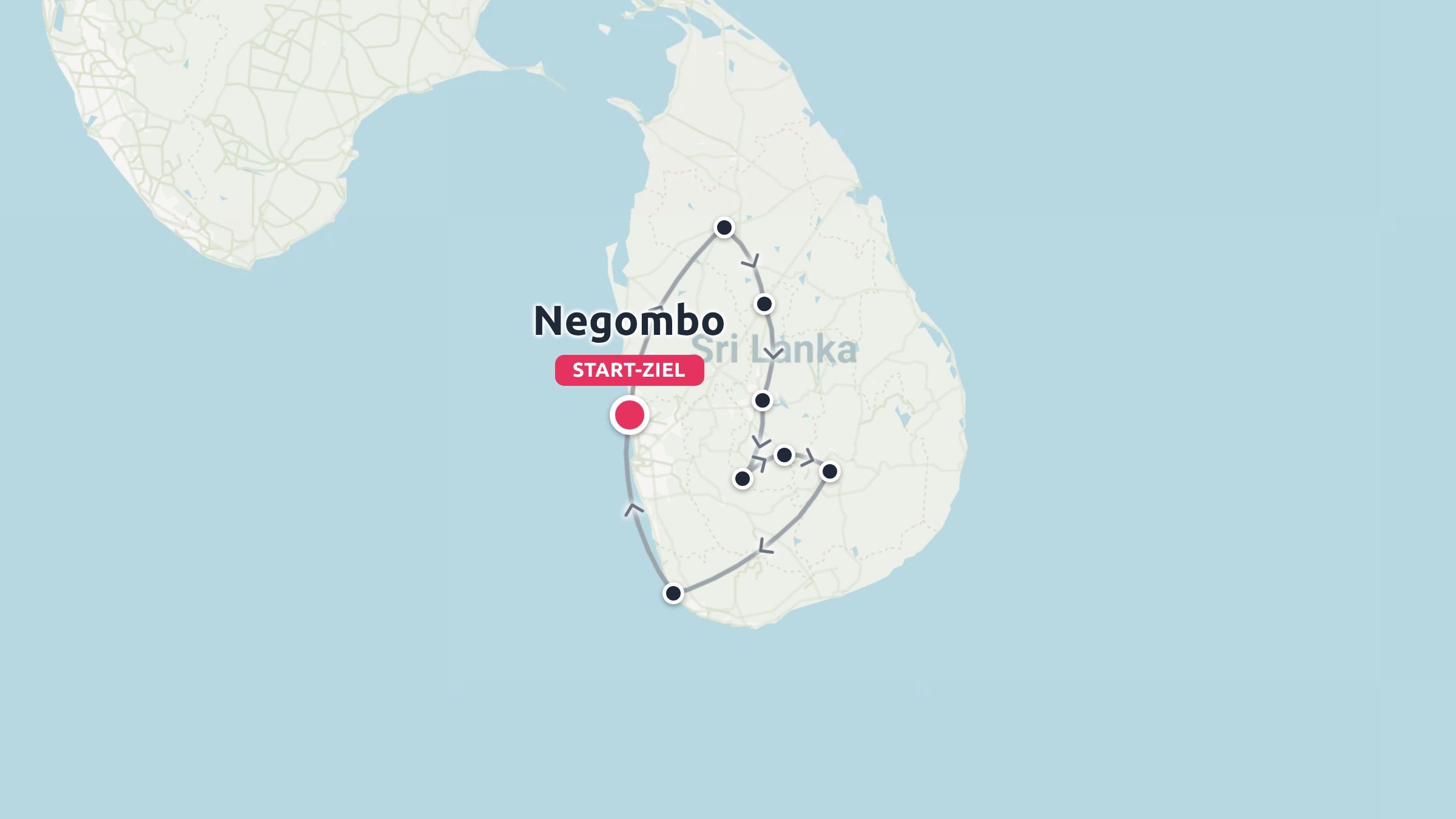 Reiseroute Karte von Sri Lanka mit einer Rundreise, die in Negombo beginnt und endet.