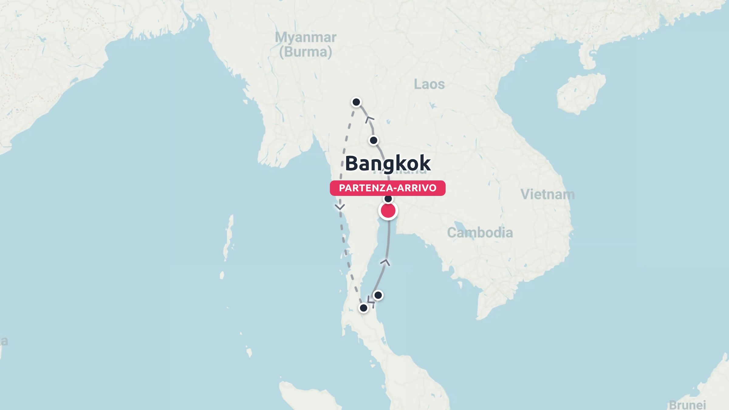 Mappa dell'itinerario di viaggio in Thailandia che mostra un anello con partenza e arrivo a Bangkok e tappe a nord e a sud