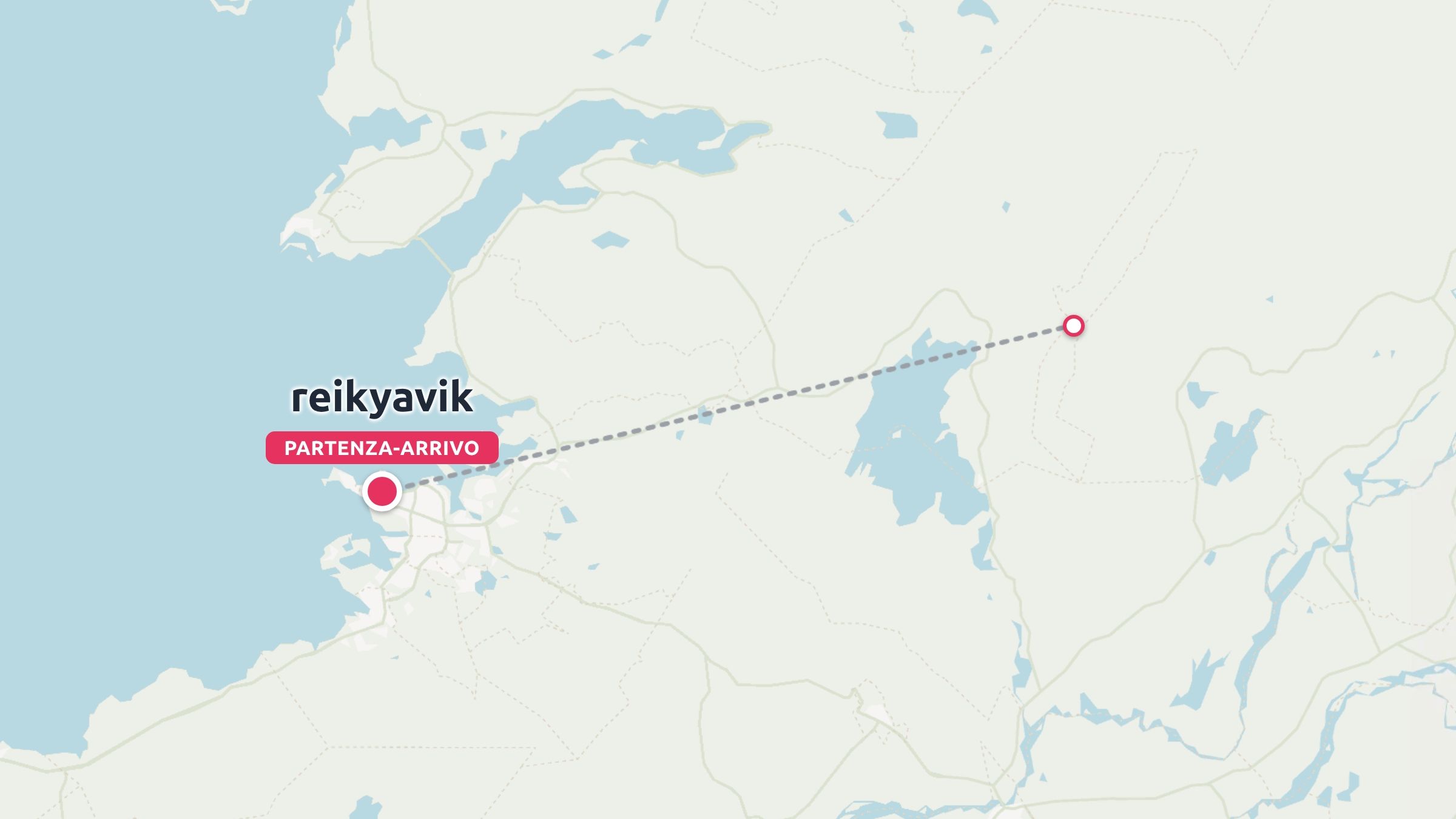 Una mappa dell'itinerario di viaggio che mostra una linea tratteggiata con partenza e arrivo a Reykjavik.