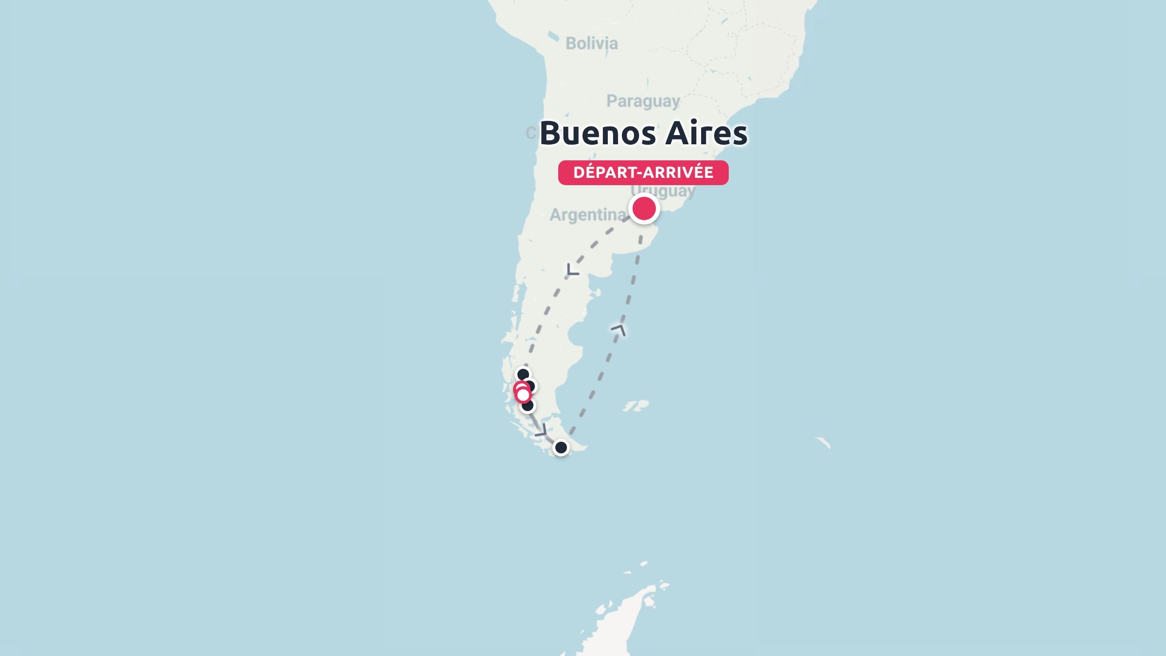 Carte de voyage montrant un circuit aller-retour au départ et à l'arrivée de Buenos Aires à travers le sud de l'Argentine.