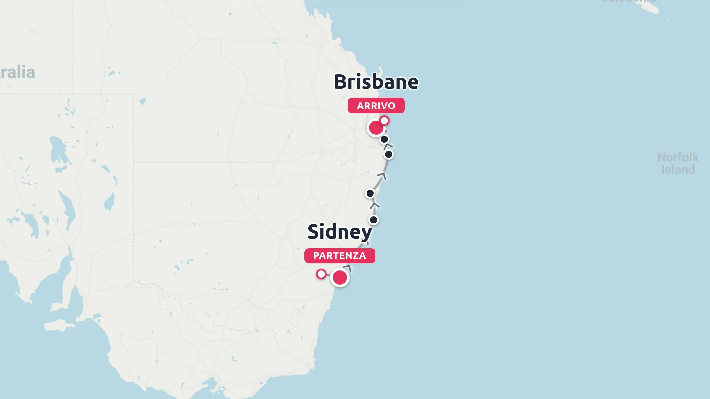 Una mappa di viaggio dell'Australia orientale che mostra un itinerario costiero da Sydney a Brisbane con fermate segnalate.
