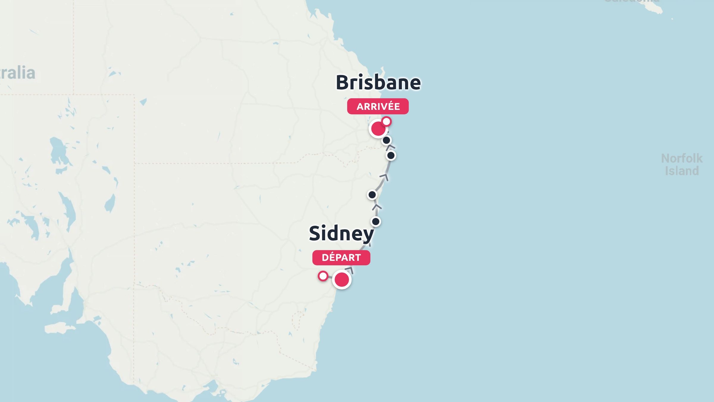 Itinéraire de voyage le long de la côte est de l'Australie avec départ à Sydney et arrivée à Brisbane.