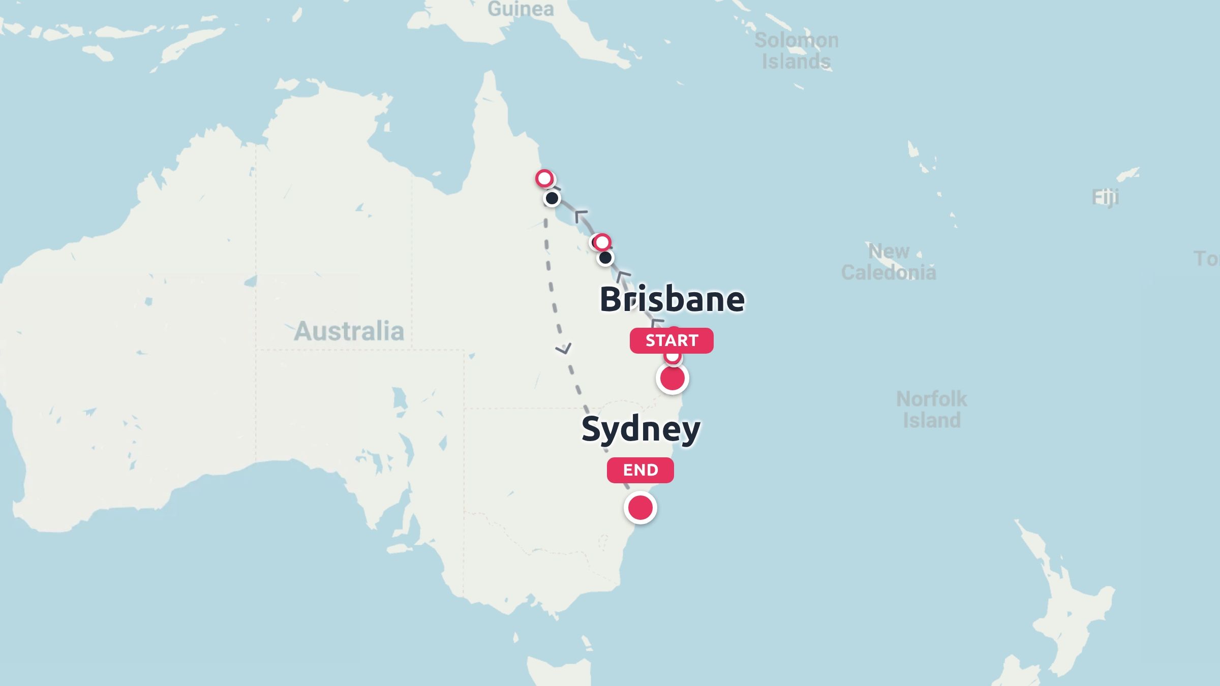 A travel route map along the east coast of Australia starting in Brisbane and ending in Sydney.