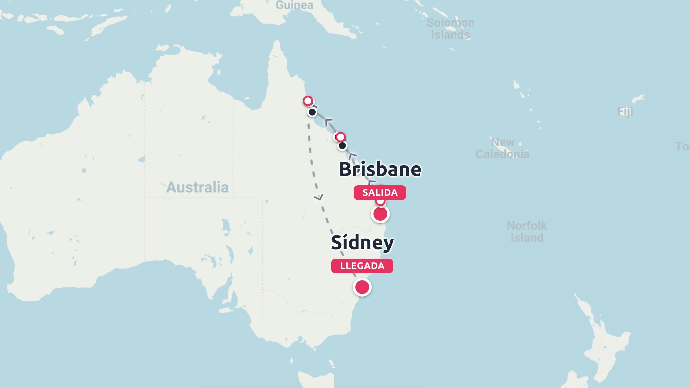 Un mapa de ruta de viaje por Australia que muestra un itinerario que comienza en Brisbane, viaja por la costa y termina en Sídney.