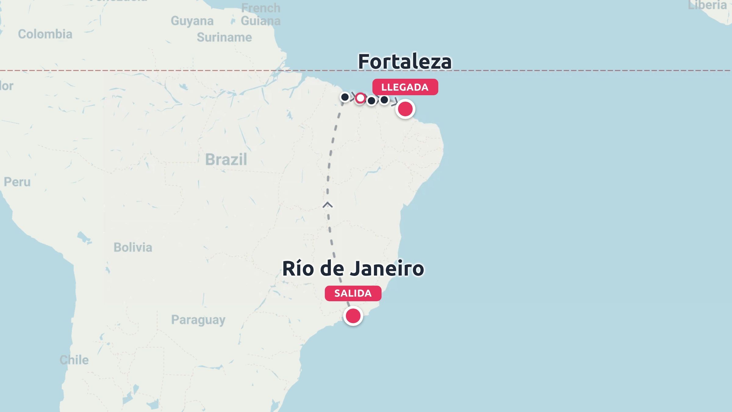 Mapa de ruta de viaje de Brasil que muestra un trayecto que sale de Río de Janeiro y llega a Fortaleza