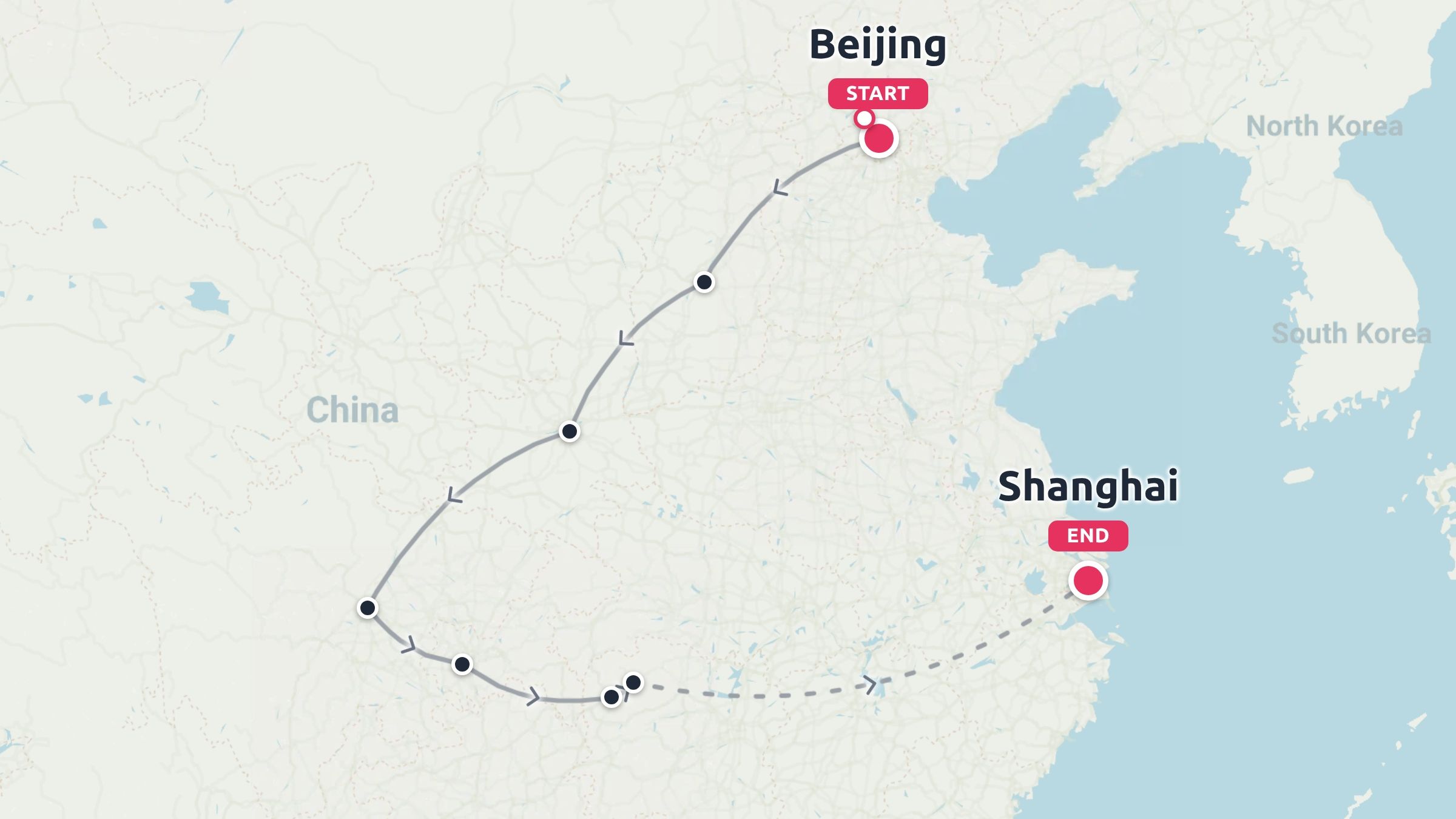 A travel route map across China starting in Beijing and ending in Shanghai with marked stops along the path.