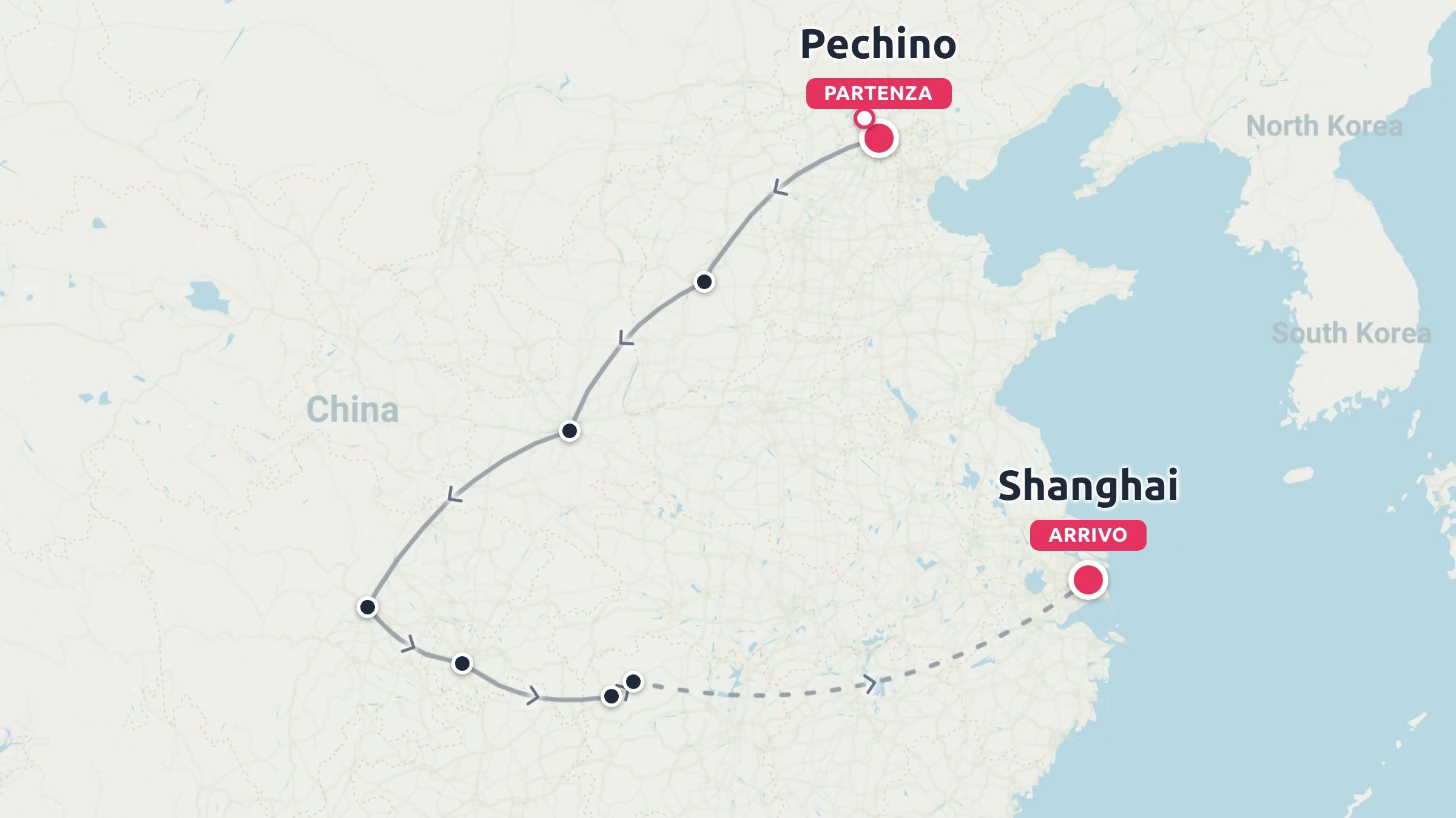 Una mappa dell'itinerario di viaggio in Cina che mostra un percorso con partenza da Pechino e arrivo a Shanghai.