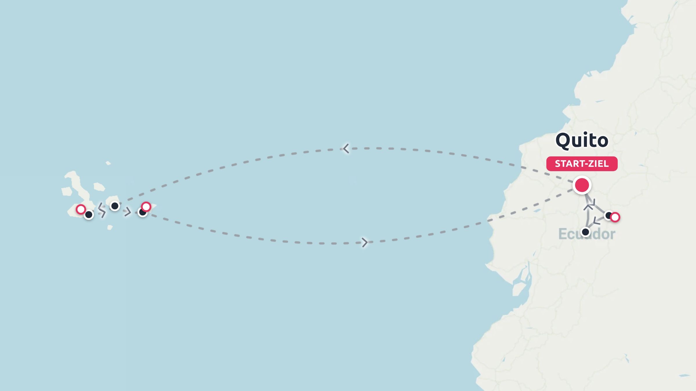 Eine Reiseroute, die die Flugrouten zwischen Quito, dem ecuadorianischen Festland und den Galapagos-Inseln zeigt.