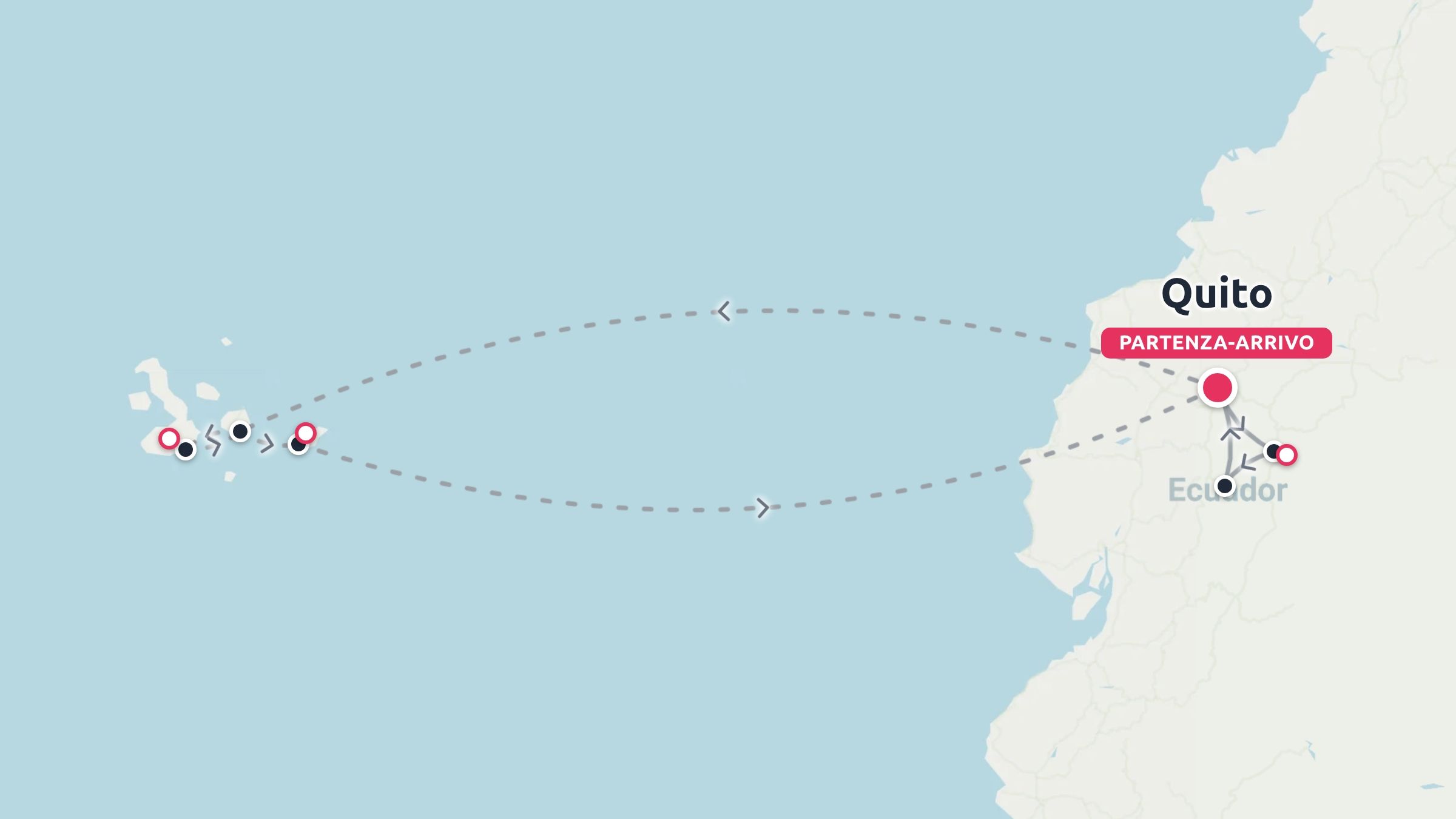 Una mappa dell'itinerario di viaggio che mostra i percorsi di volo e di viaggio tra Quito, in Ecuador, e le Isole Galapagos.