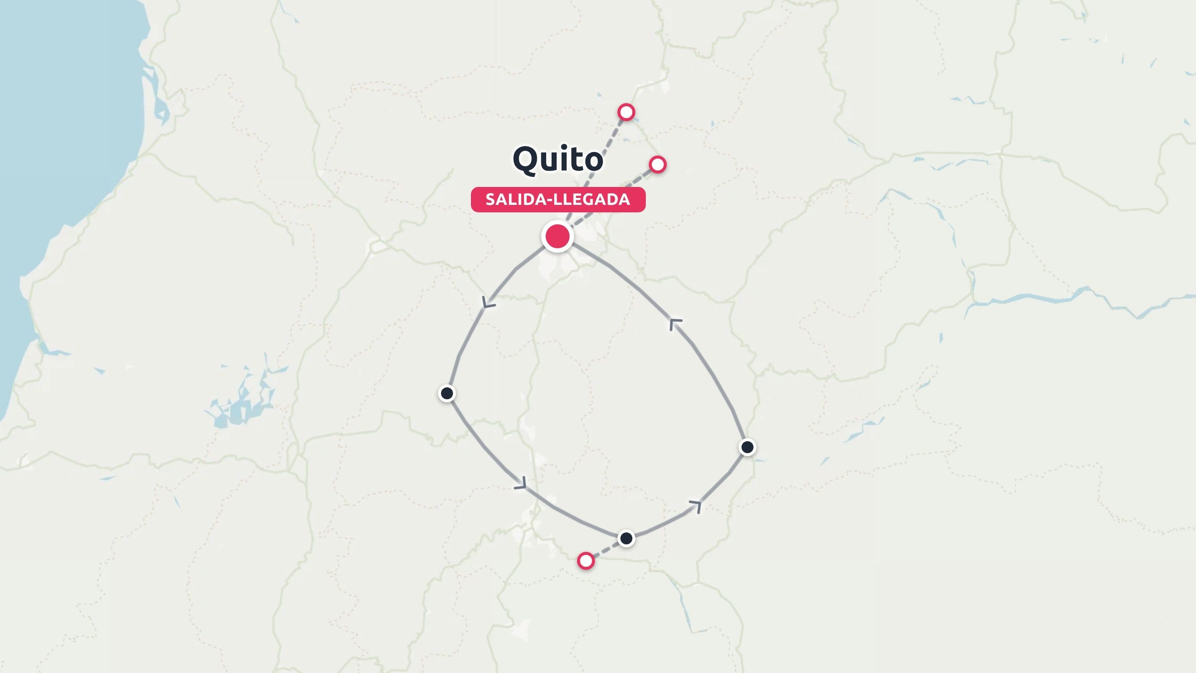 Mapa de viaje que muestra una ruta circular que empieza y termina en Quito, con múltiples puntos de referencia y paradas marcadas.