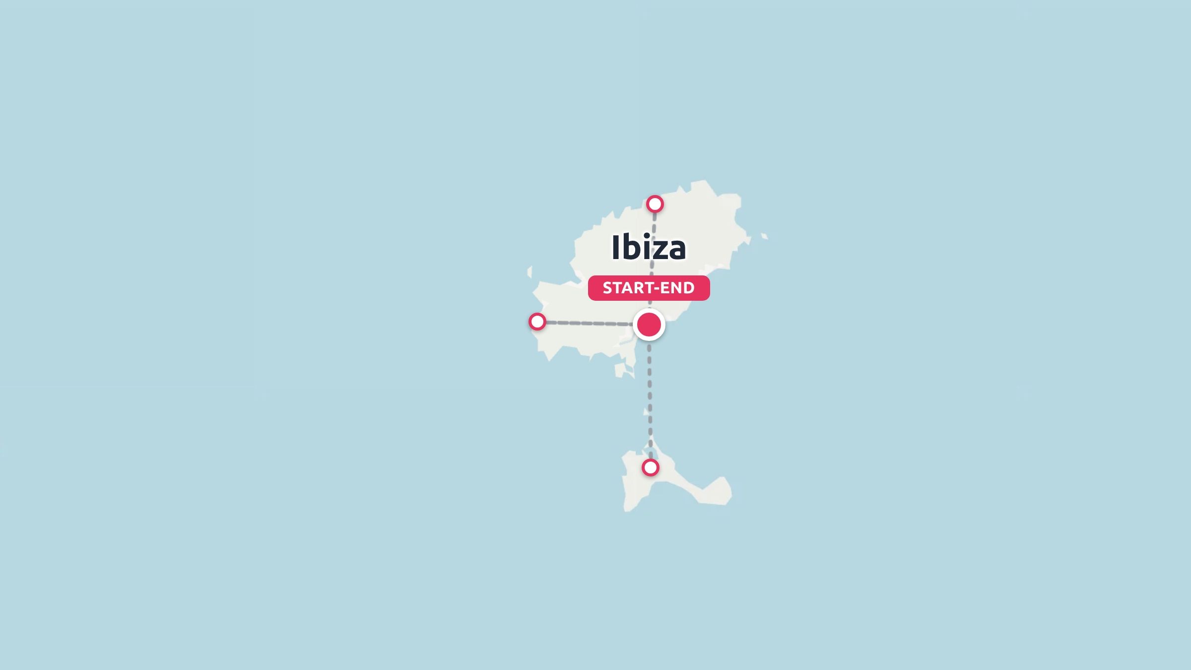 A travel route map of Ibiza with pink itinerary markers and dashed lines indicating stops on a light blue background.