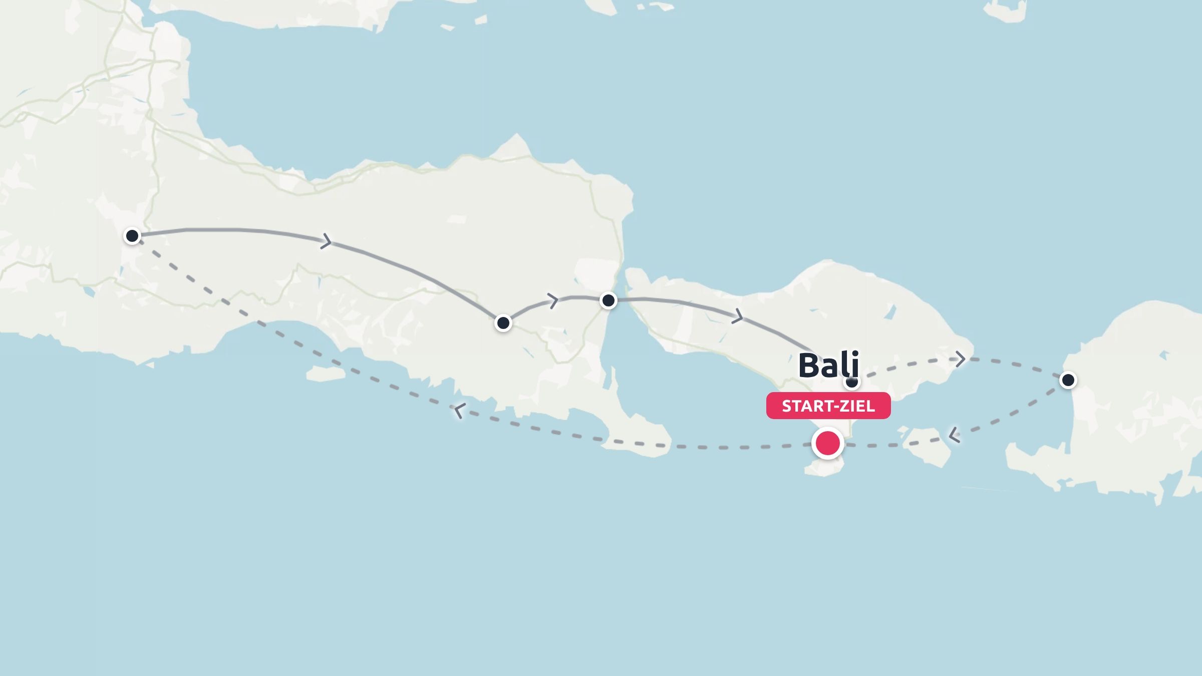 Reiseroute-Karte von Indonesien mit einer Route, die in Bali beginnt und endet und über benachbarte Inseln führt.