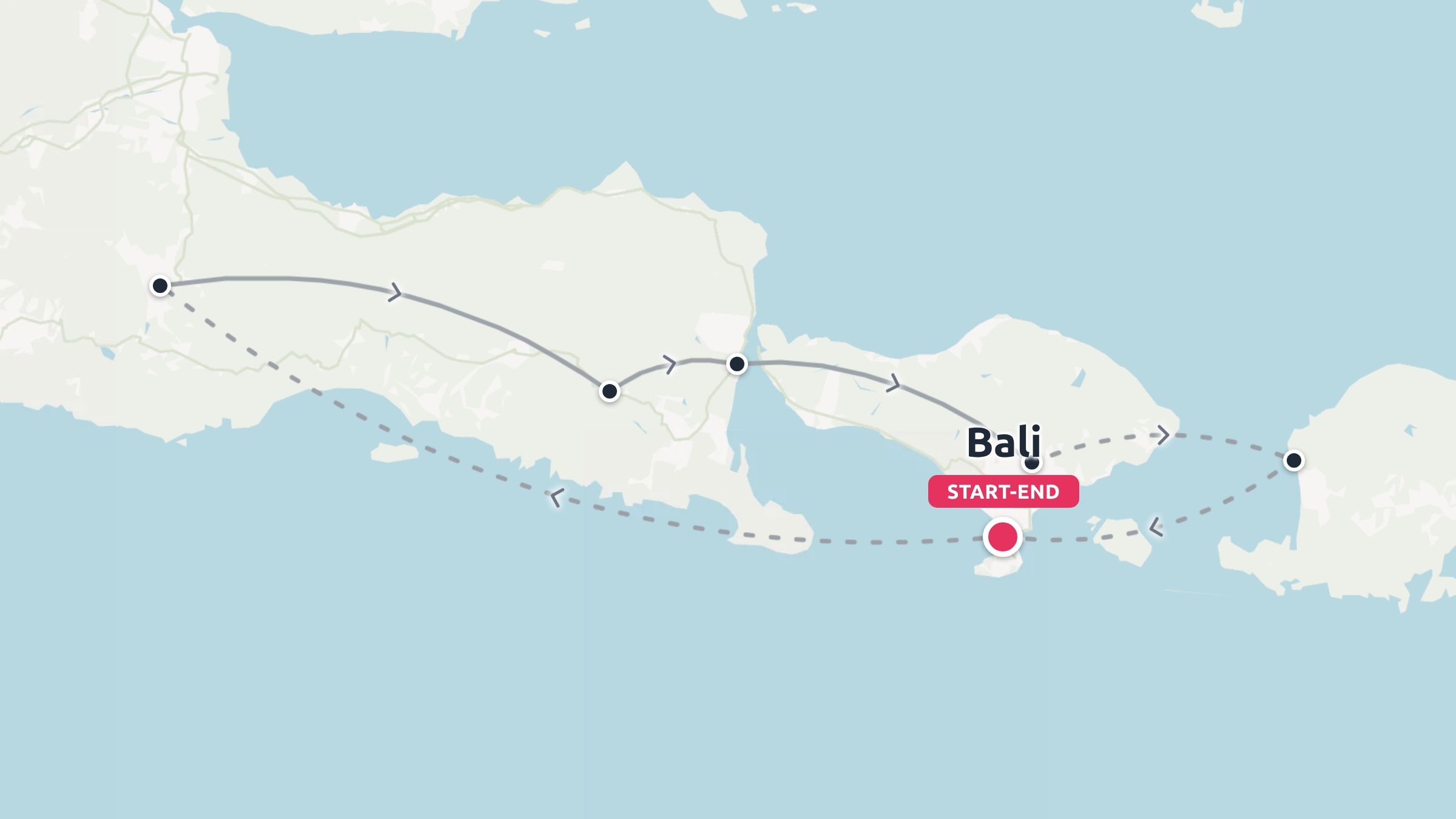 A travel route map showing an itinerary across Indonesian islands with a start and end point in Bali.
