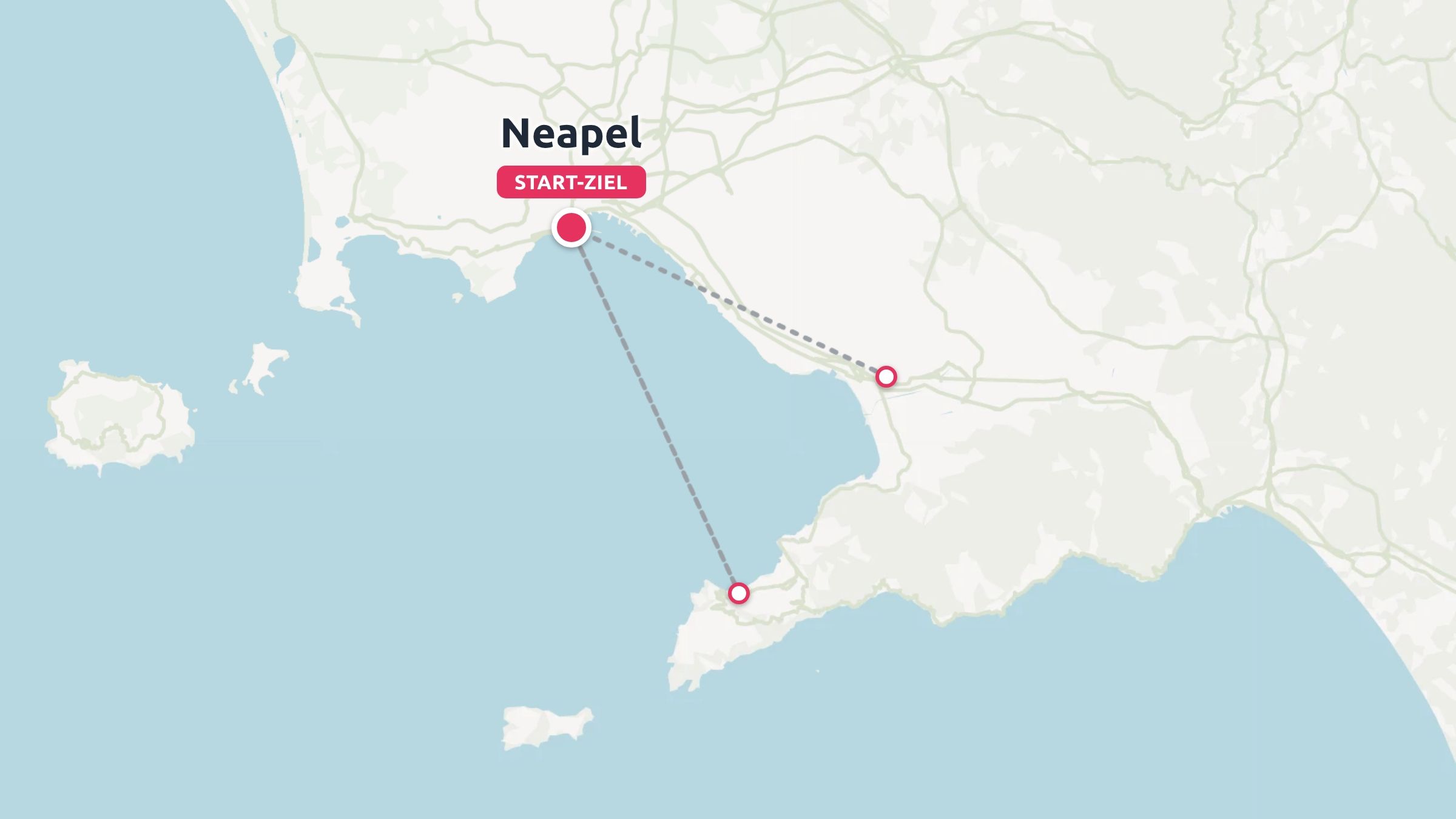 Eine Reiseroute mit Neapel als Start- und Endpunkt und Routenlinien entlang der Küste.