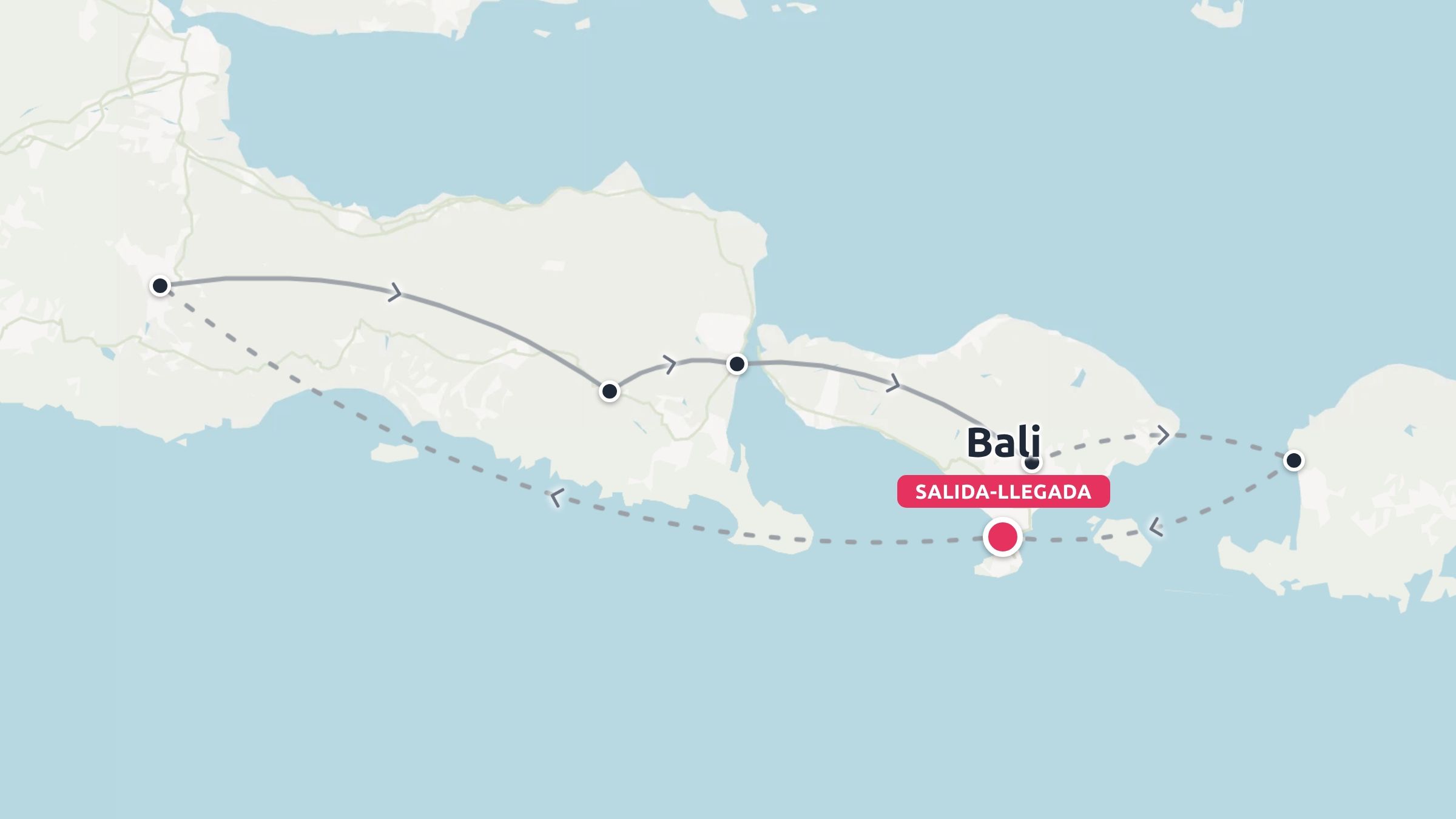 Un mapa de ruta de viaje que muestra un itinerario por la isla con marcadores de inicio y llegada ubicados en Bali.