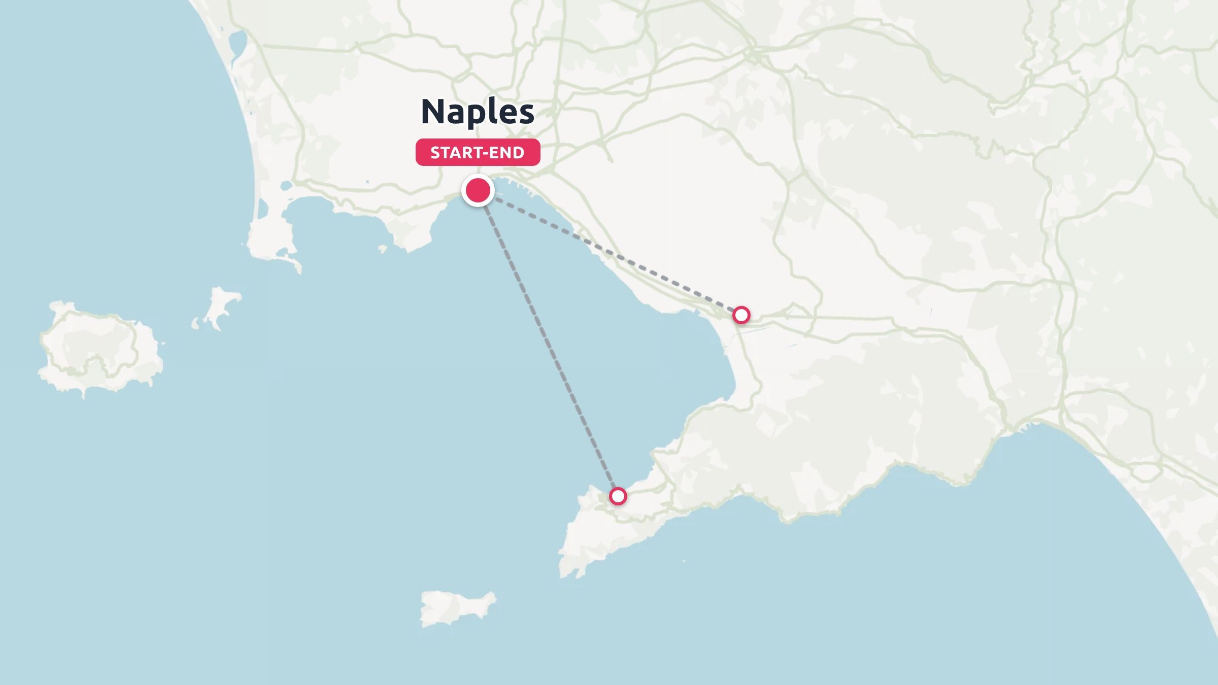 A travel route map showing an itinerary starting and ending in Naples with marked stops along the coast.