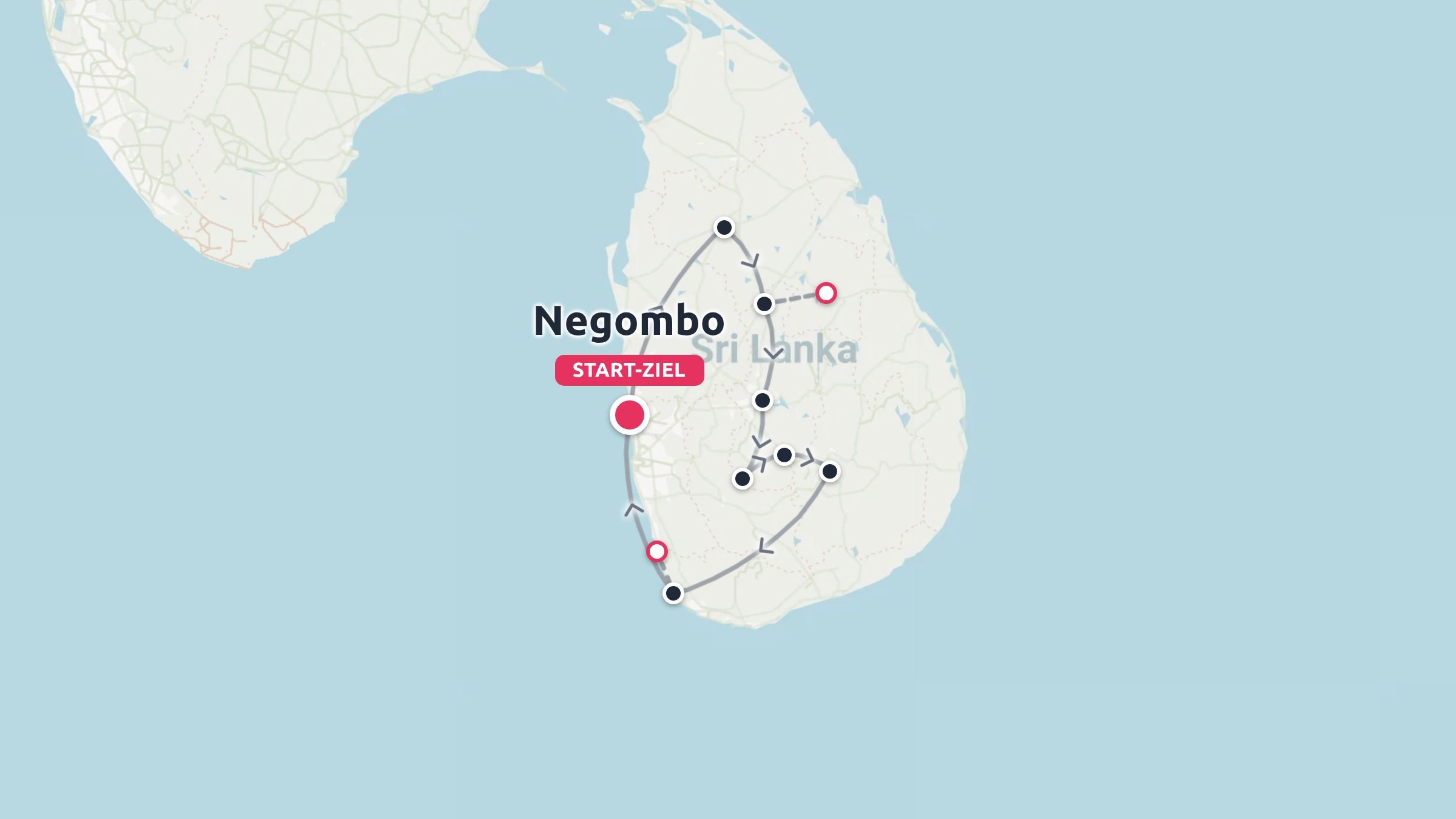 Reiseroute-Karte von Sri Lanka mit einer Rundreise, die in Negombo beginnt und endet, sowie verschiedenen markierten Stopps.