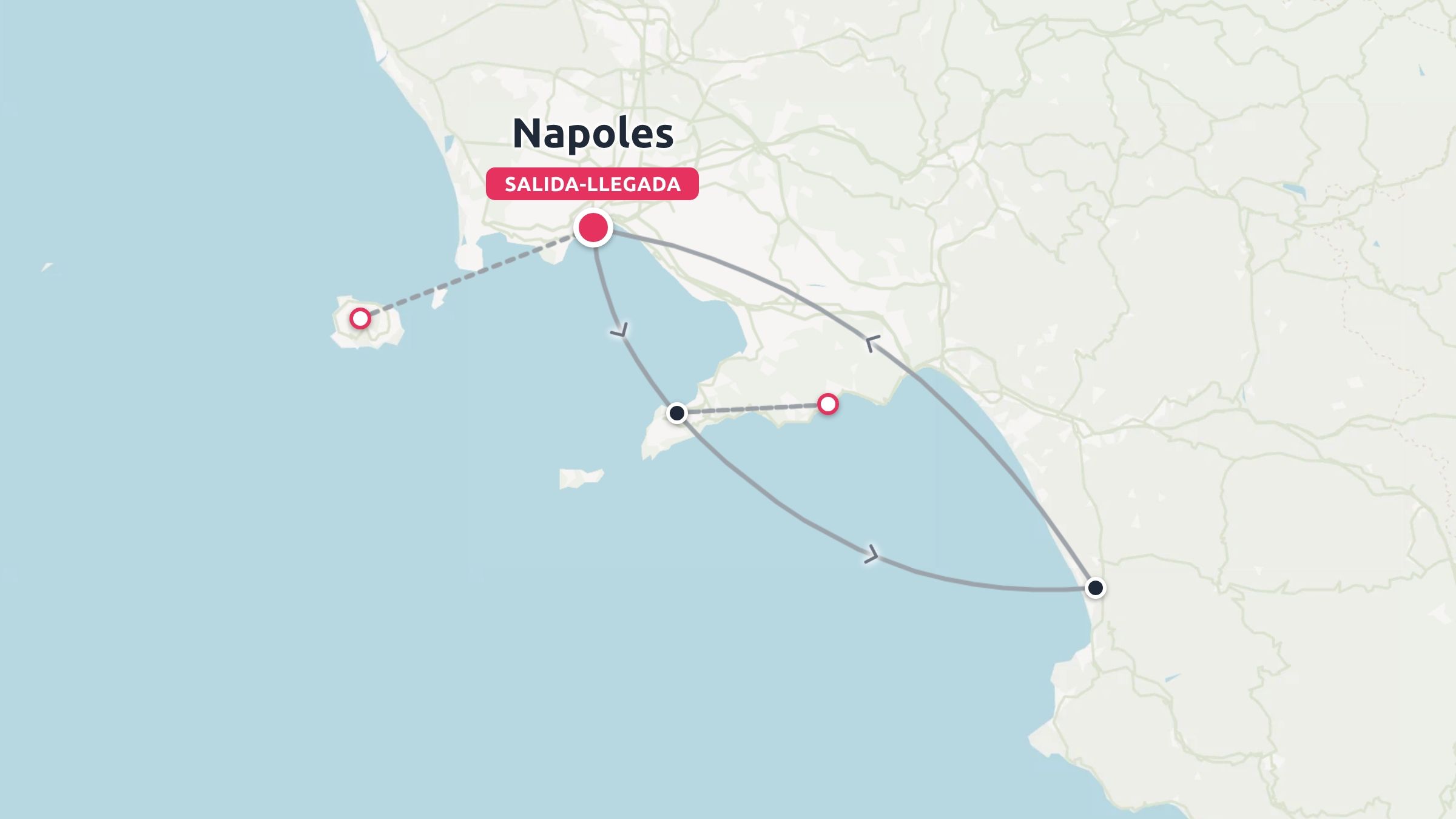 Ruta de viaje con inicio y fin en Nápoles y paradas en la costa y la isla cercana