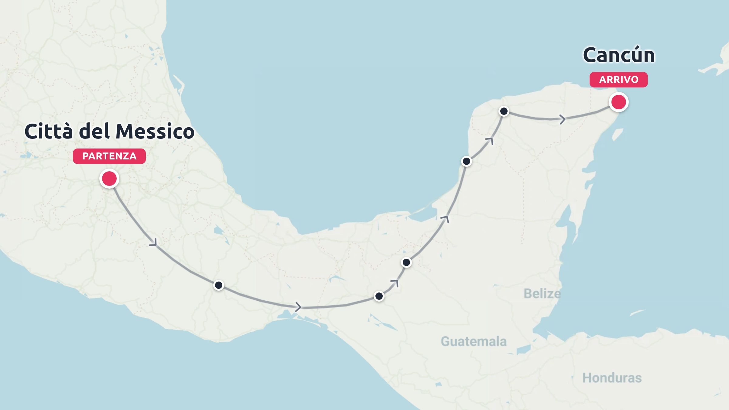 Un itinerario di viaggio in Messico con partenza da Citta del Messico e arrivo a Cancun, con tappe intermedie.