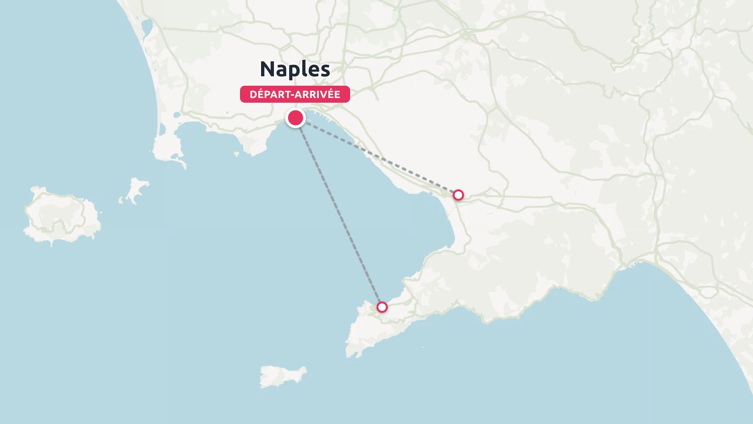 Une carte d'itinéraire de voyage montrant Naples comme point de départ et d'arrivée avec des lignes pointillées connectant les sites côtiers.