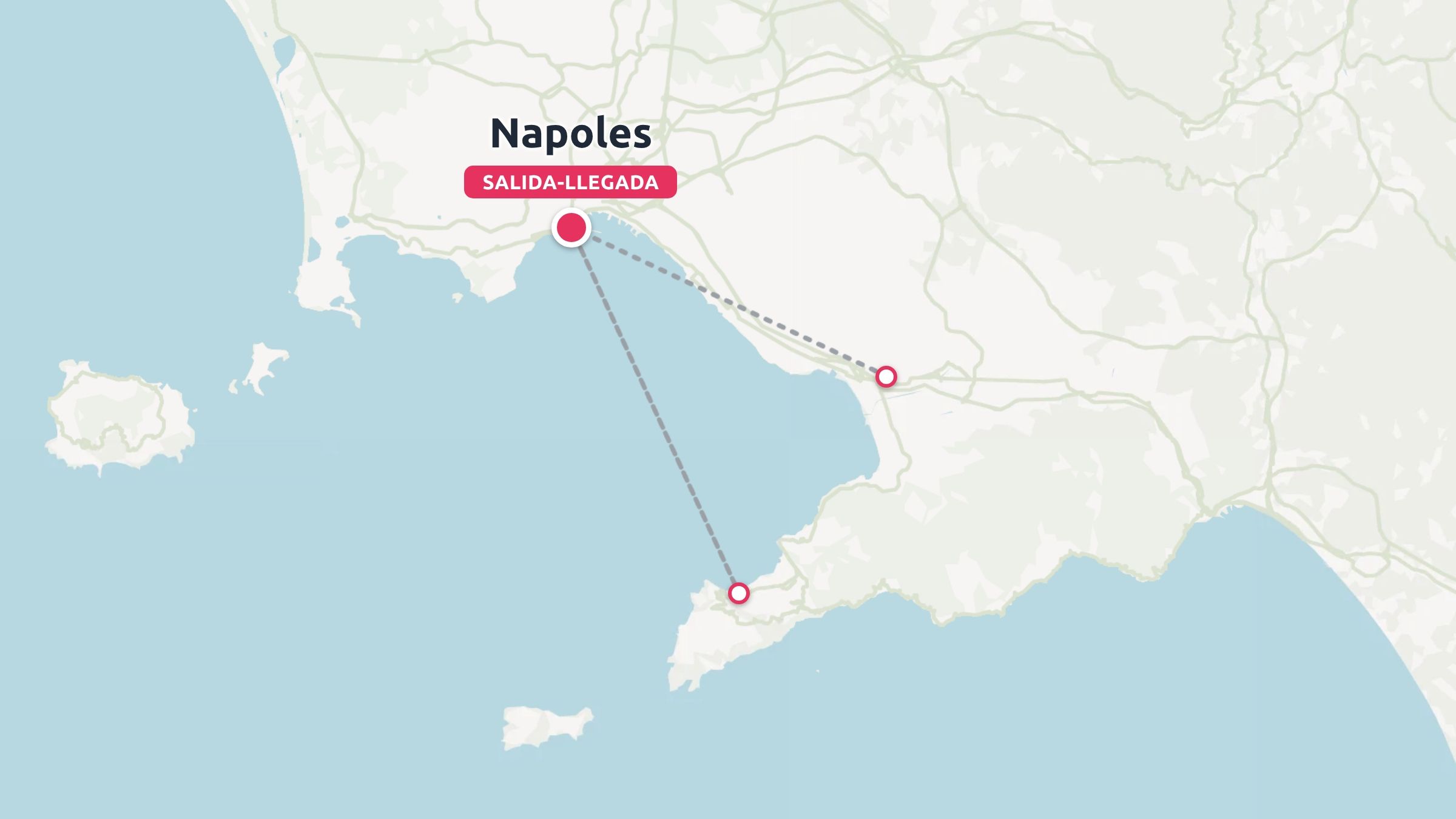 Un mapa de ruta de viaje que muestra un itinerario que empieza y termina en Nápoles, conectando a través de la costa circundante.