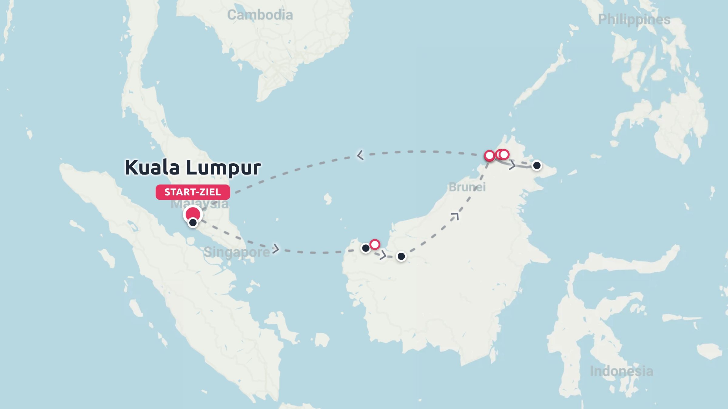Reiseroute mit Start und Ziel in Kuala Lumpur und einer Rundreise durch das malaysische Borneo