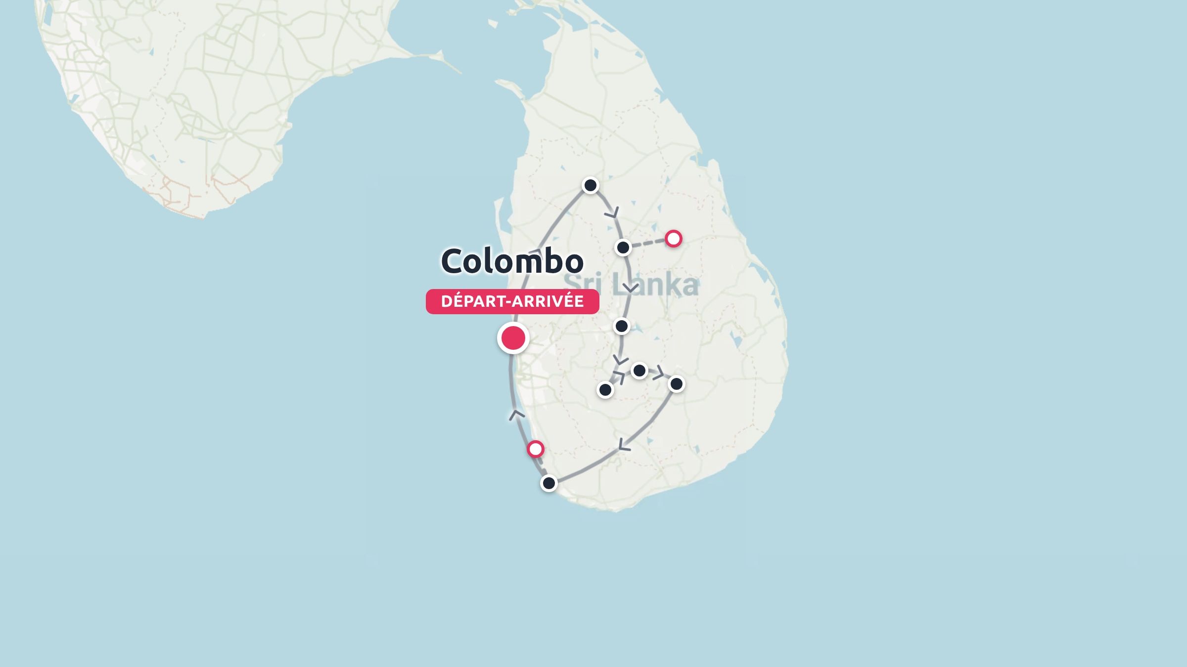 Carte de l'itinéraire de voyage au Sri Lanka indiquant les arrêts avec des flèches, départ et arrivée à Colombo.