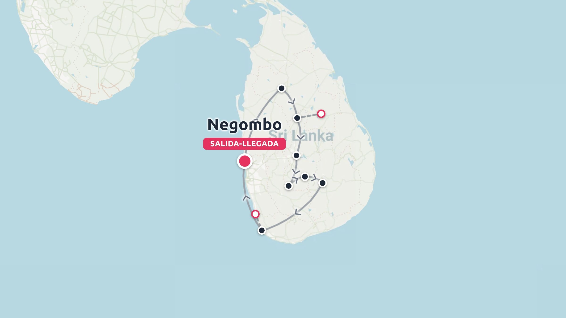 Mapa de itinerario de viaje por Sri Lanka que marca una ruta circular con puntos de salida y llegada en Negombo.