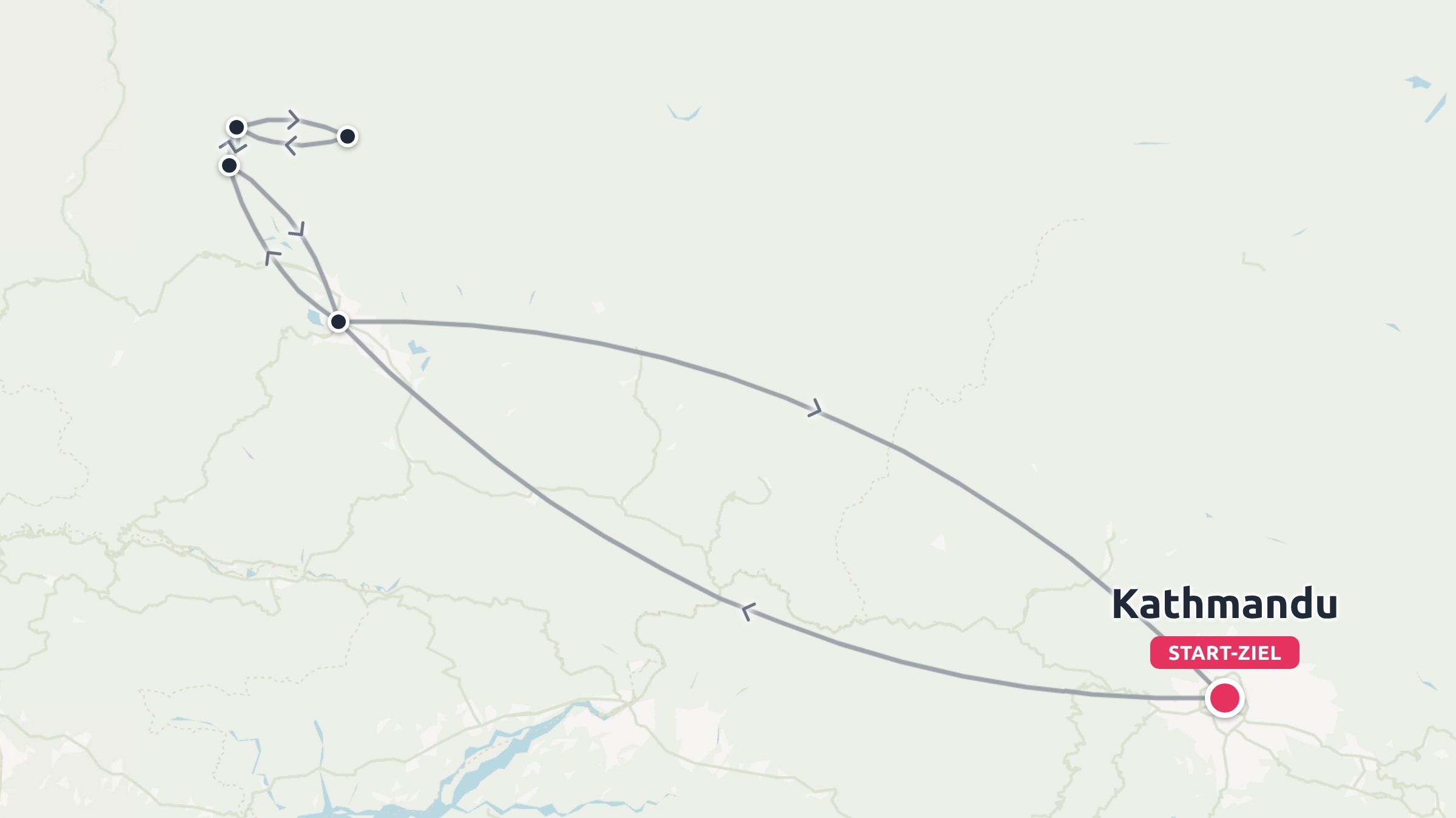 Reiseroute, die einen Rundkurs mit Start und Ziel in Kathmandu und Richtungspfeilen zeigt