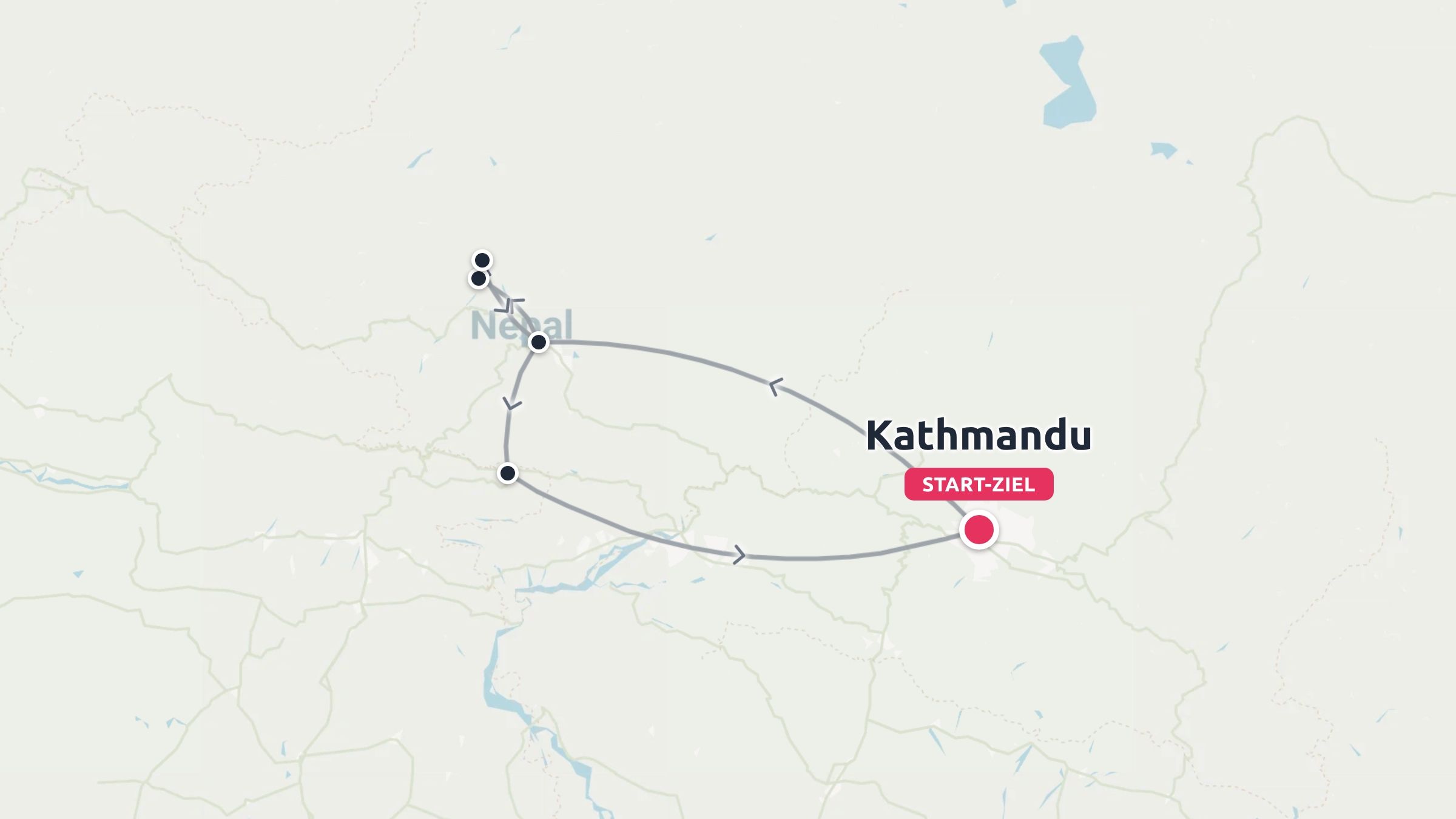Reisekarte von Nepal mit einer kreisförmigen Reiseroute, die in Kathmandu beginnt und endet und verschiedene Reiseziele markiert.