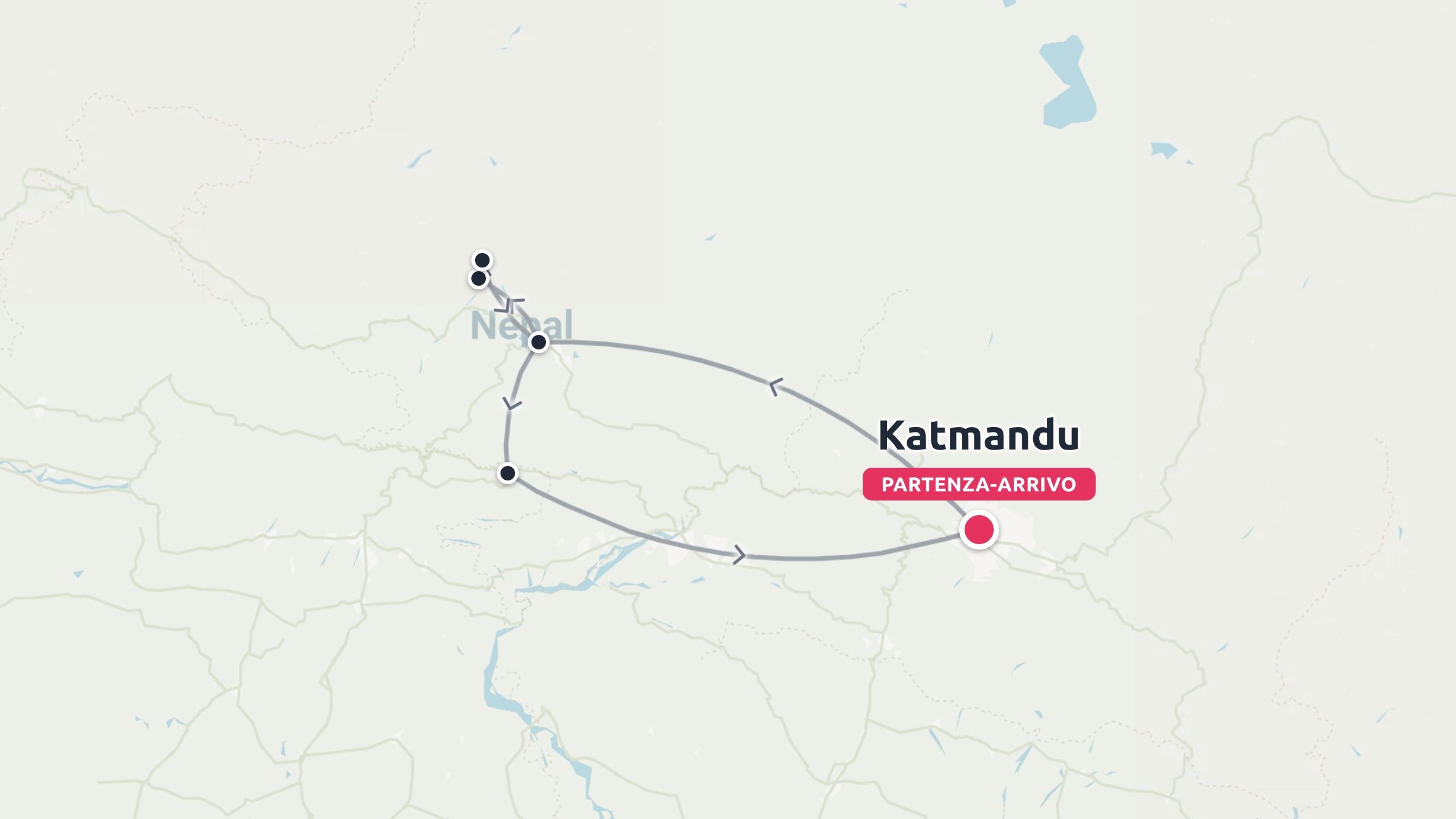 Una mappa dell'itinerario di viaggio in Nepal che mostra un viaggio ad anello con partenza e arrivo a Kathmandu