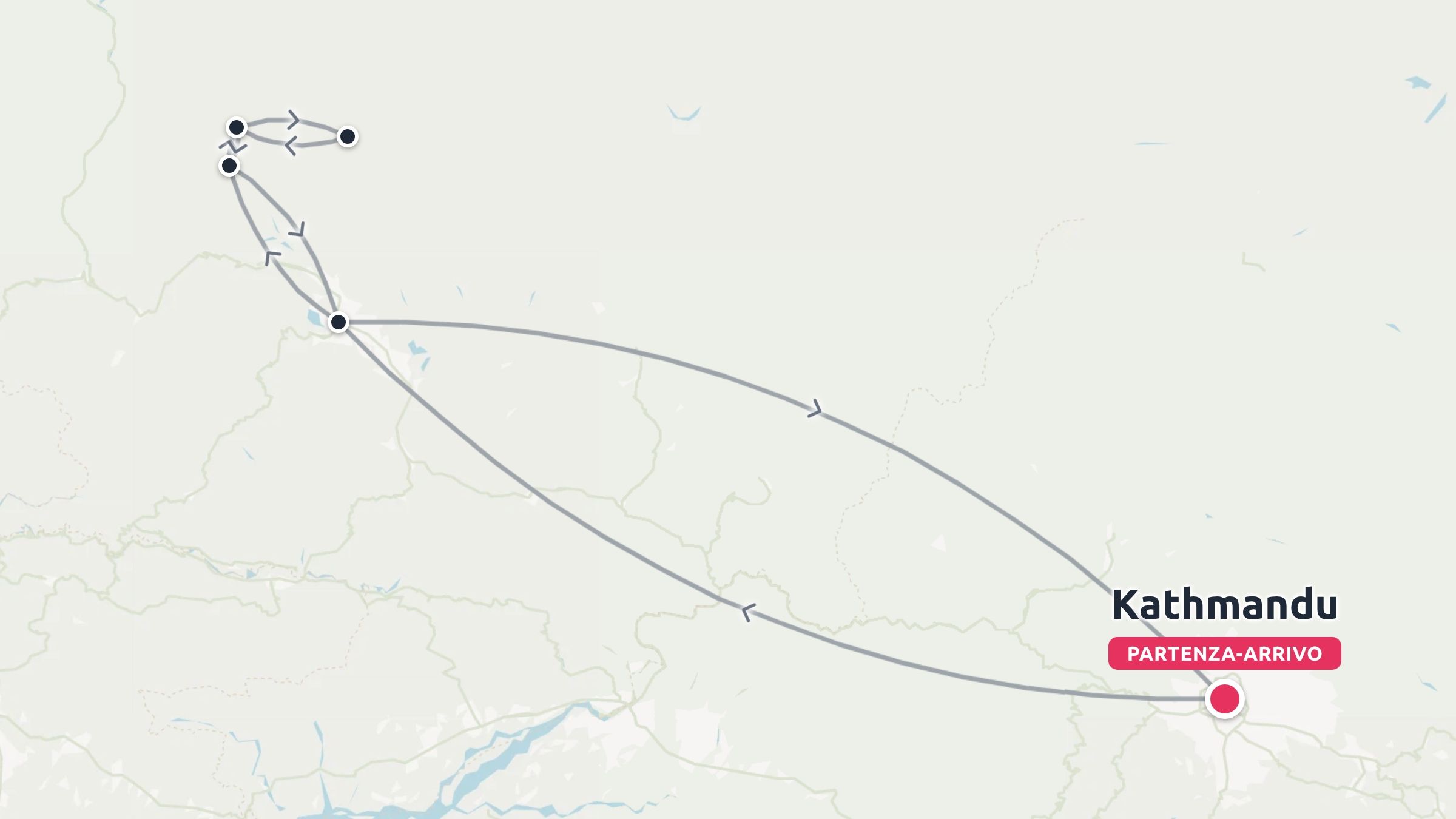 Una mappa di itinerario di viaggio che mostra un percorso ad anello con partenze e arrivi a Kathmandu